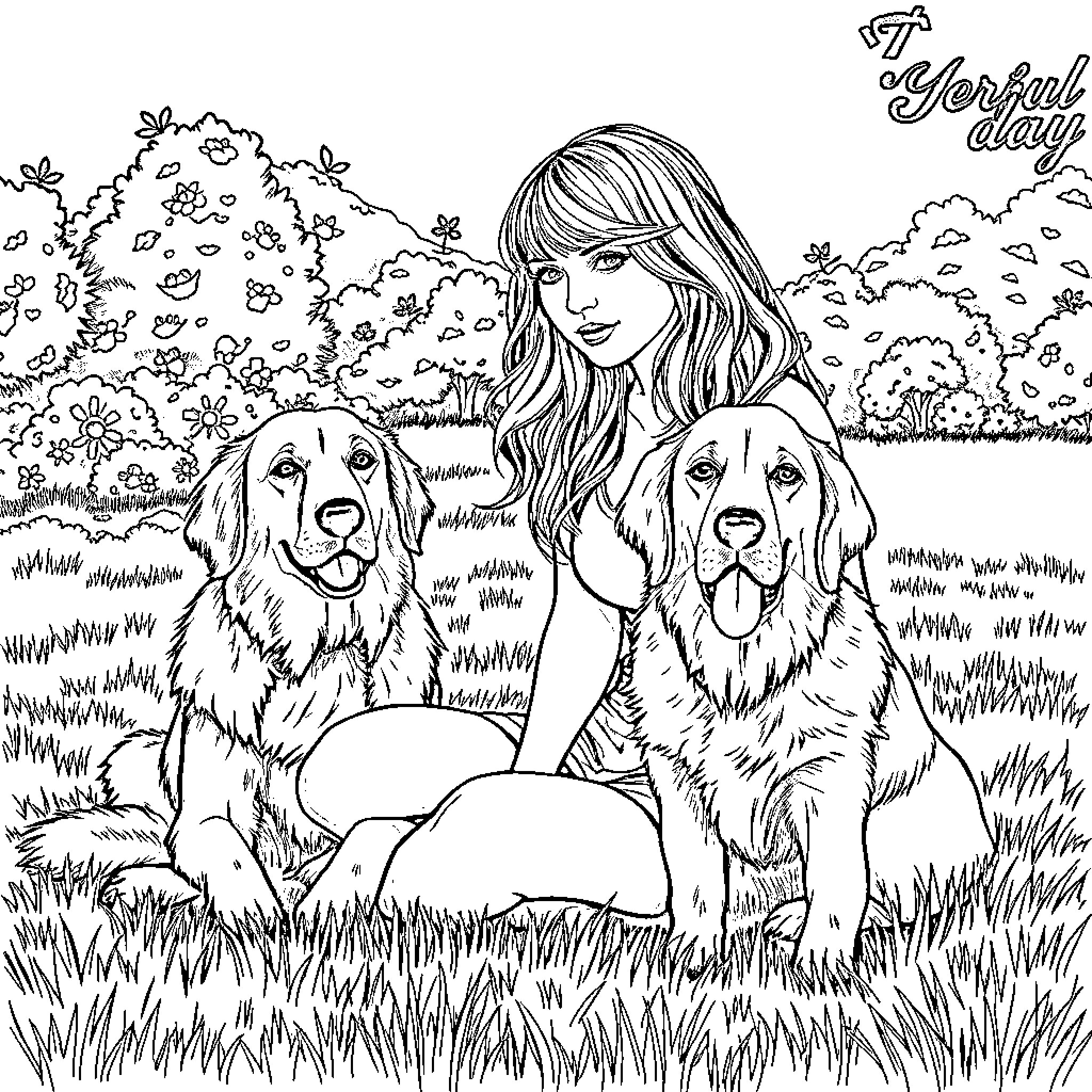 Taylor Swift poses with two friendly dogs in nature Coloring Page (free black-and-white line drawing printable PDF for all, from beginners to advanced learners, including children, teens, adults, and seniors)
