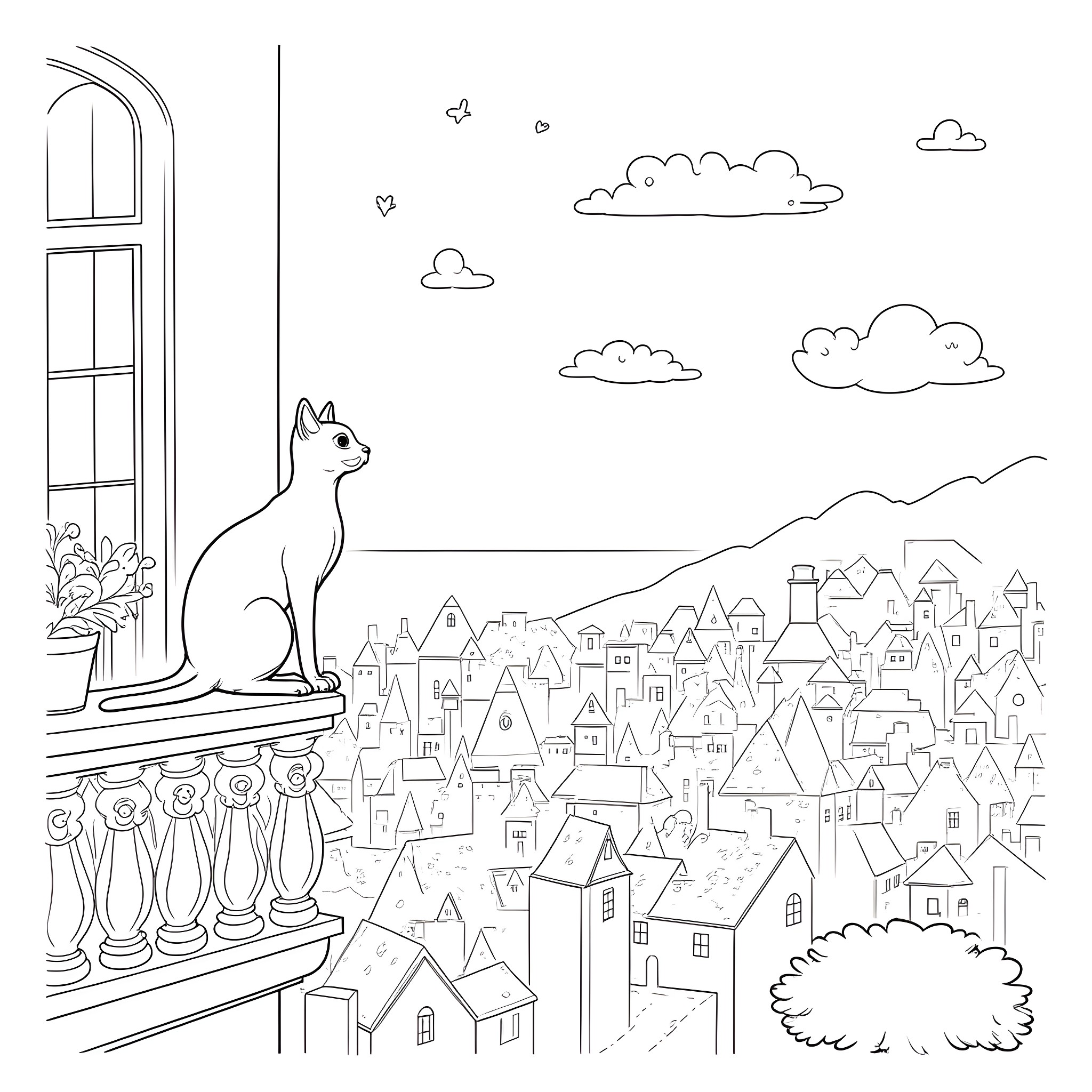 Cat watching over the city Coloring Page (free black-and-white line drawing printable PDF for all, from beginners to advanced learners, including children, teens, adults, and seniors)