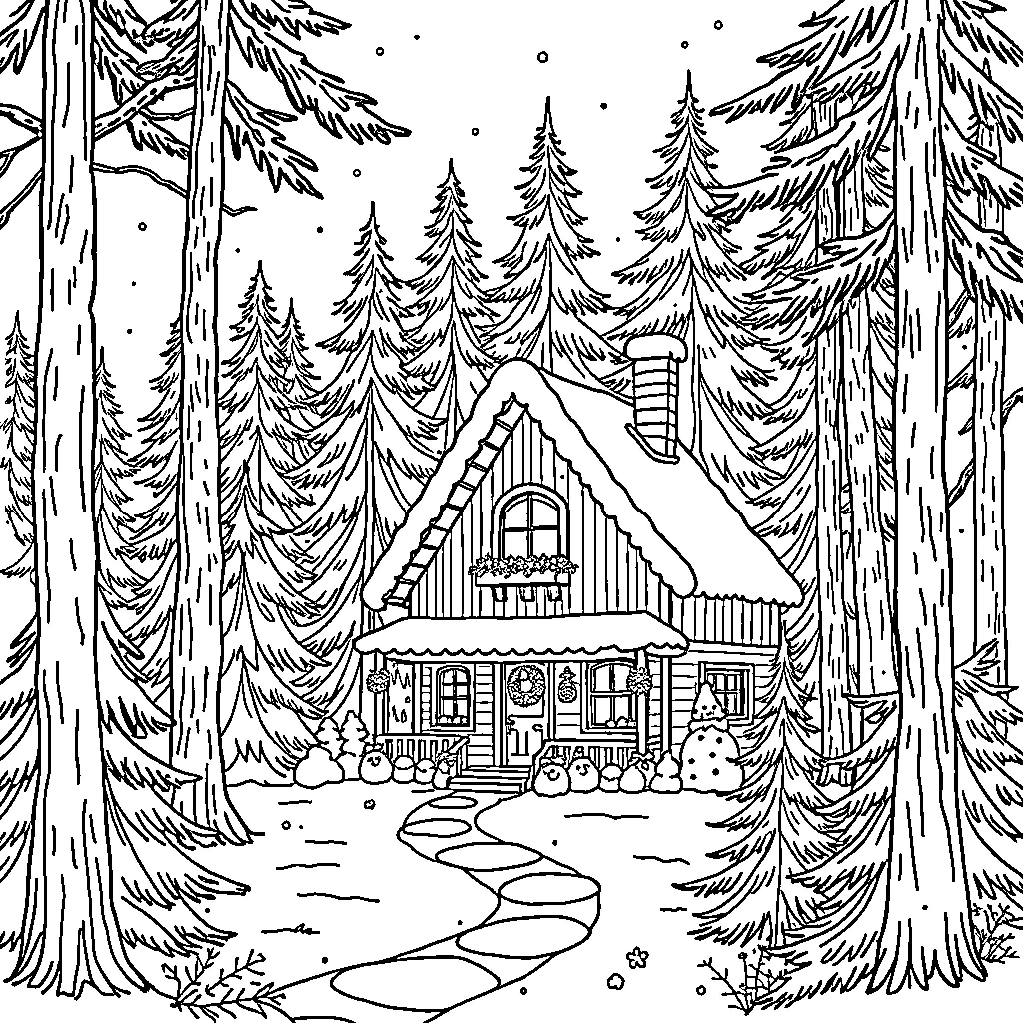 House in a Snowy Forest Landscape Coloring Page (free black-and-white line drawing printable PDF for all, from beginners to advanced learners, including children, teens, adults, and seniors)
