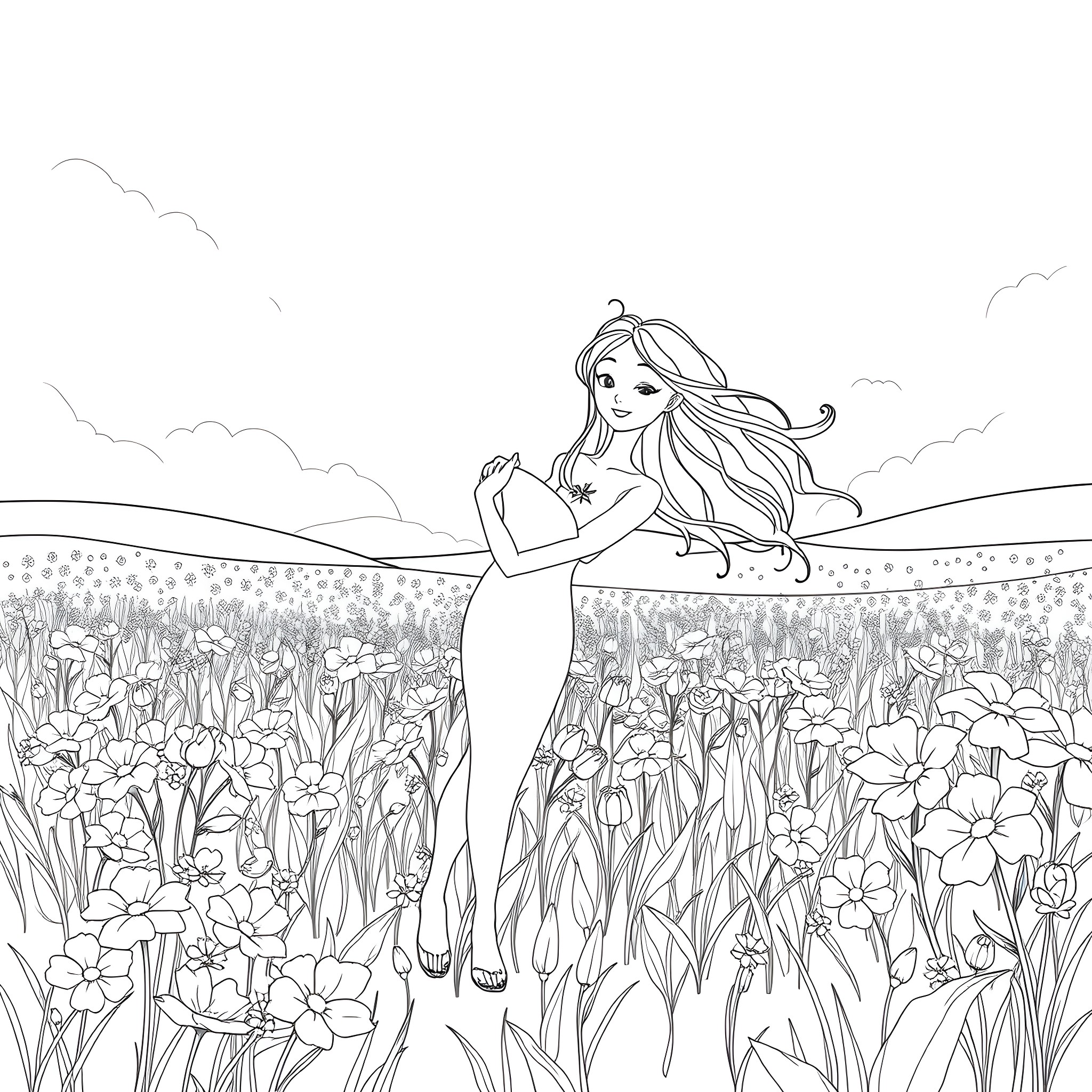 Frieren among the Blooming Flowers Coloring Page (free black-and-white line drawing printable PDF for all, from beginners to advanced learners, including children, teens, adults, and seniors)