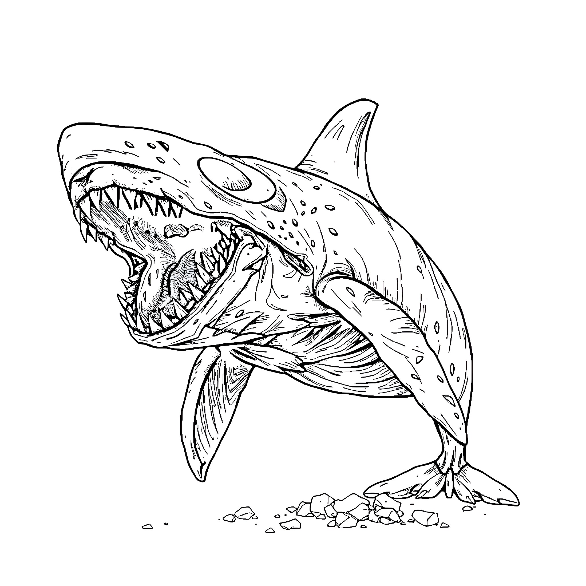 Orca shark with gaping jaws Coloring Page (free black-and-white line drawing printable PDF for all, from beginners to advanced learners, including children, teens, adults, and seniors)
