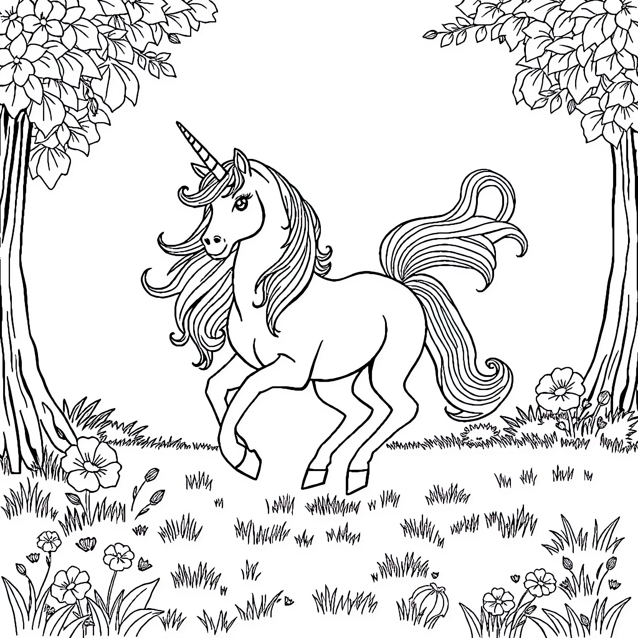 Unicorn galloping in a magical forest Coloring Page (free black-and-white line drawing printable PDF for all, from beginners to advanced learners, including children, teens, adults, and seniors)