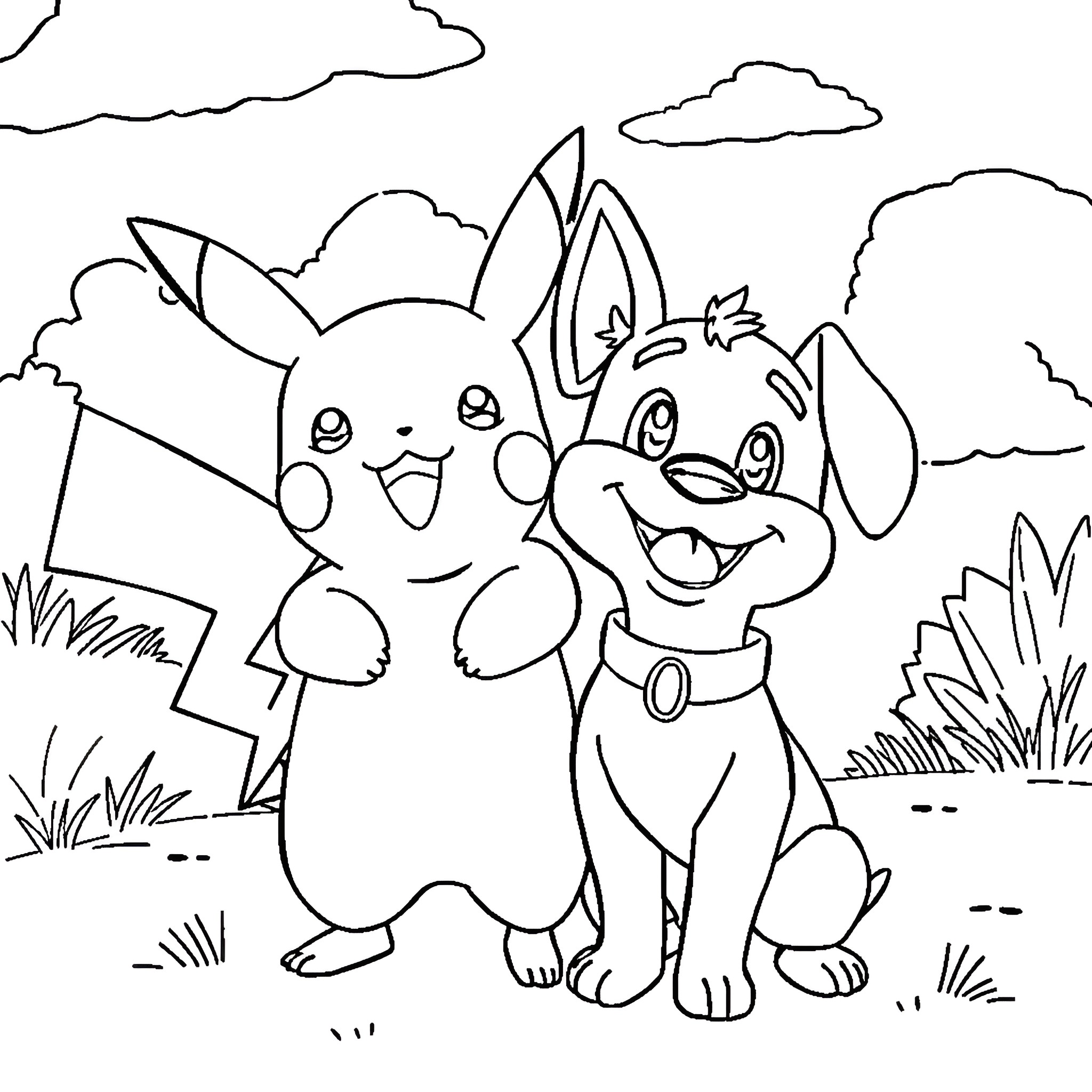 Pikachu and puppy friends in nature Coloring Page (free black-and-white line drawing printable PDF for all, from beginners to advanced learners, including children, teens, adults, and seniors)
