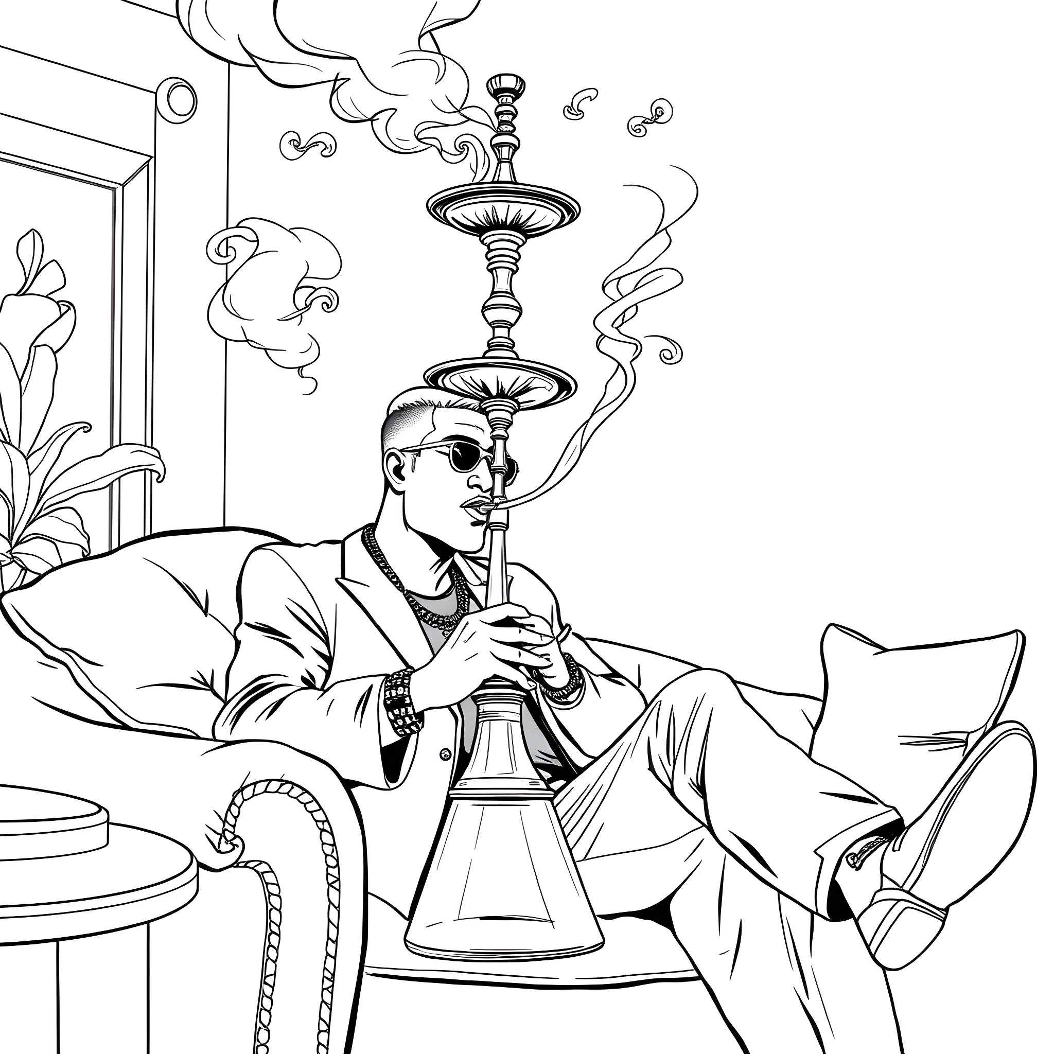 Diddy enjoying his hookah in an indoor setting Coloring Page (free black-and-white line drawing printable PDF for all, from beginners to advanced learners, including children, teens, adults, and seniors)