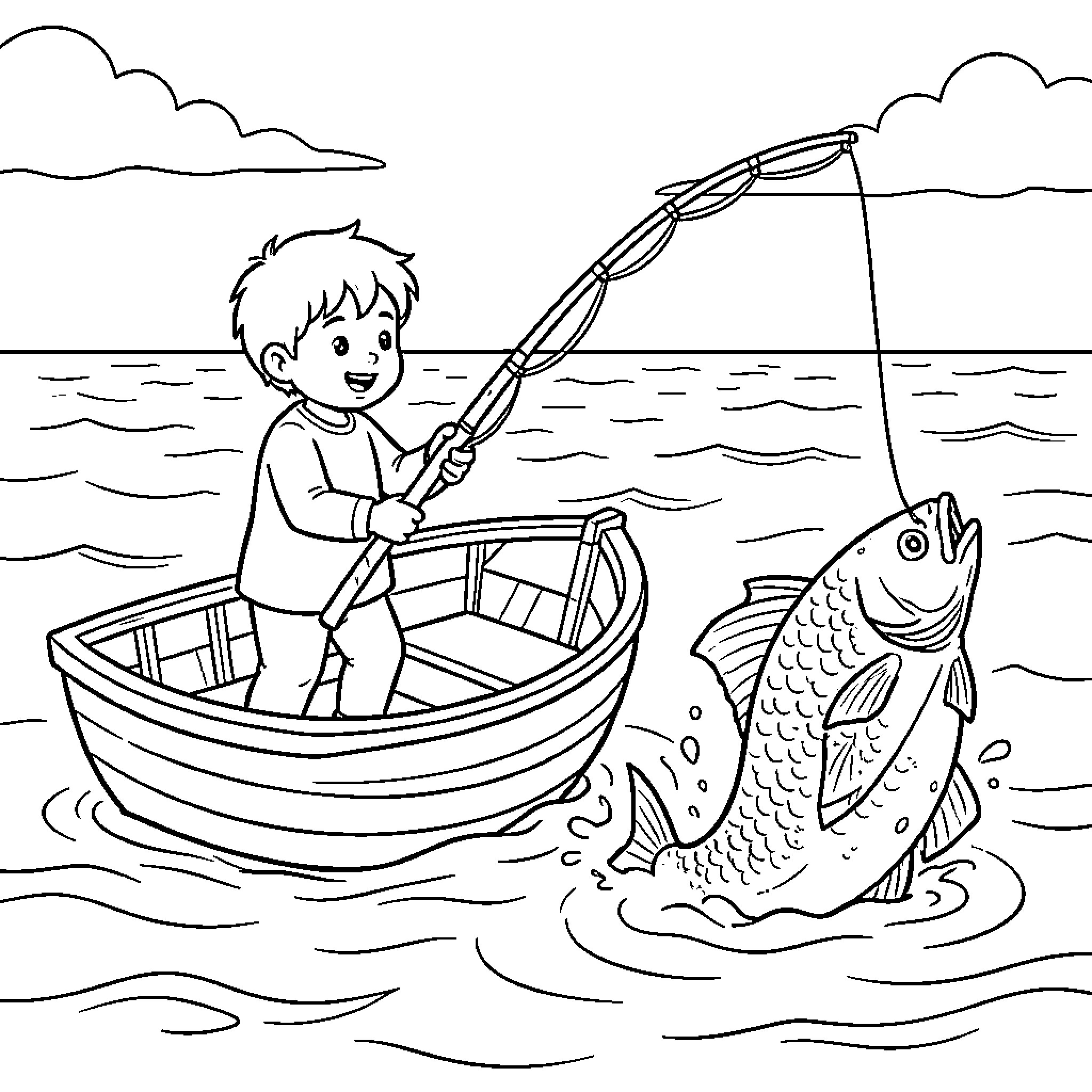 Child fishing from a small boat in the sea Coloring Page (free black-and-white line drawing printable PDF for all, from beginners to advanced learners, including children, teens, adults, and seniors)