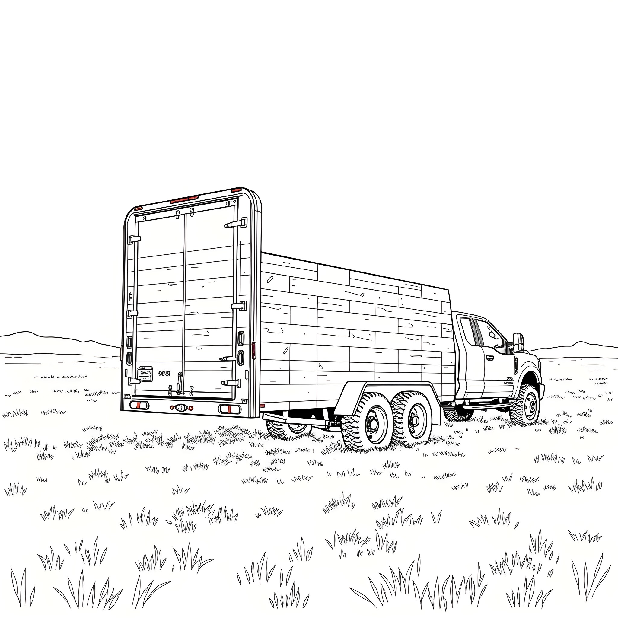 Gooseneck Trailer carrying heavy load on rural road Coloring Page (free black-and-white line drawing printable PDF for all, from beginners to advanced learners, including children, teens, adults, and seniors)