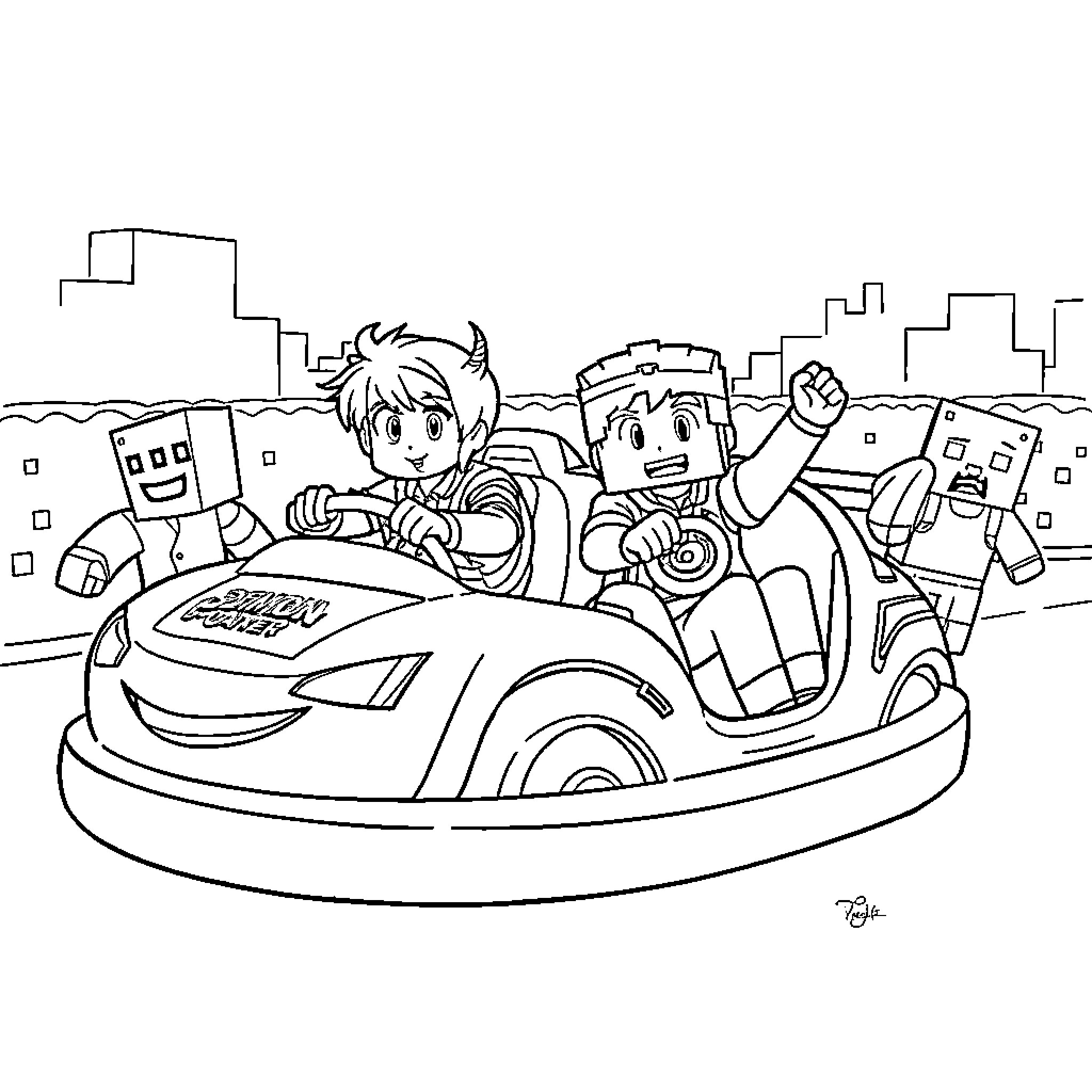 Demon Hunter Rides Bumper Cars with Friends Coloring Page (free black-and-white line drawing printable PDF for all, from beginners to advanced learners, including children, teens, adults, and seniors)