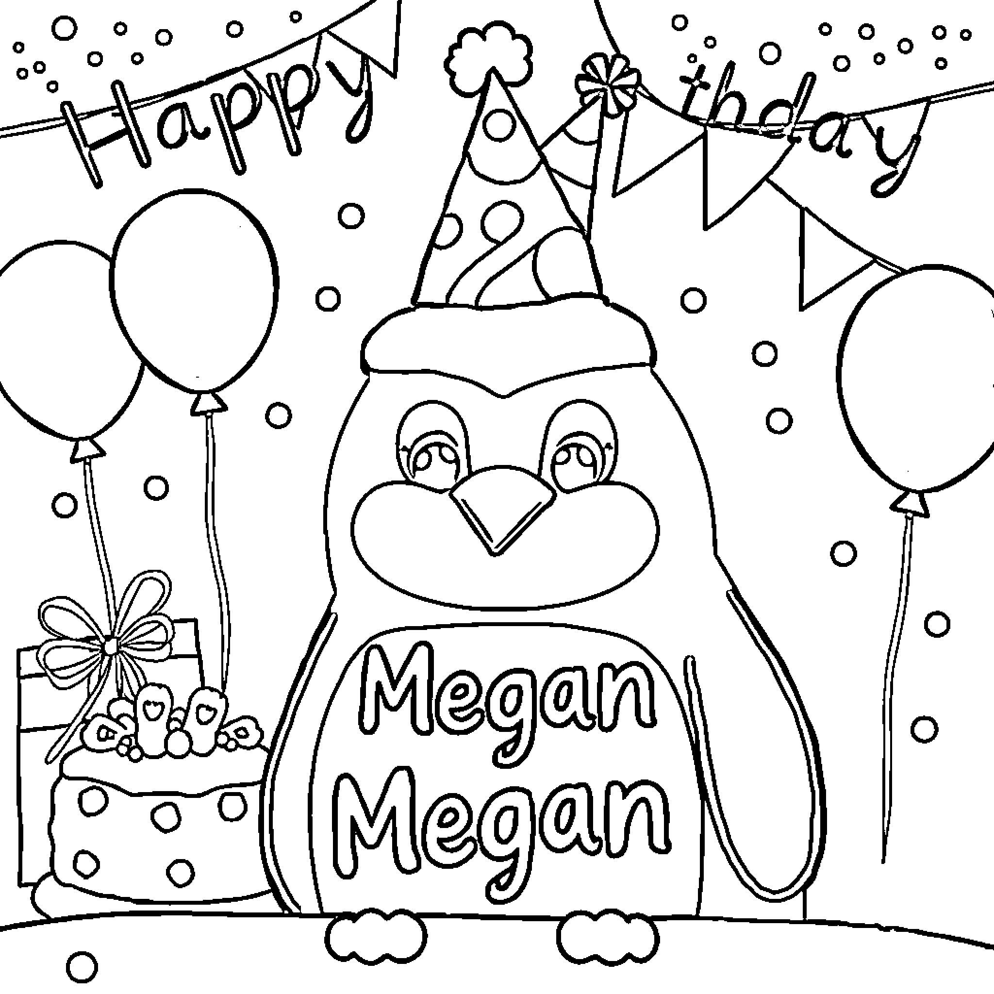 Penguin celebrating a birthday party Coloring Page (free black-and-white line drawing printable PDF for all, from beginners to advanced learners, including children, teens, adults, and seniors)