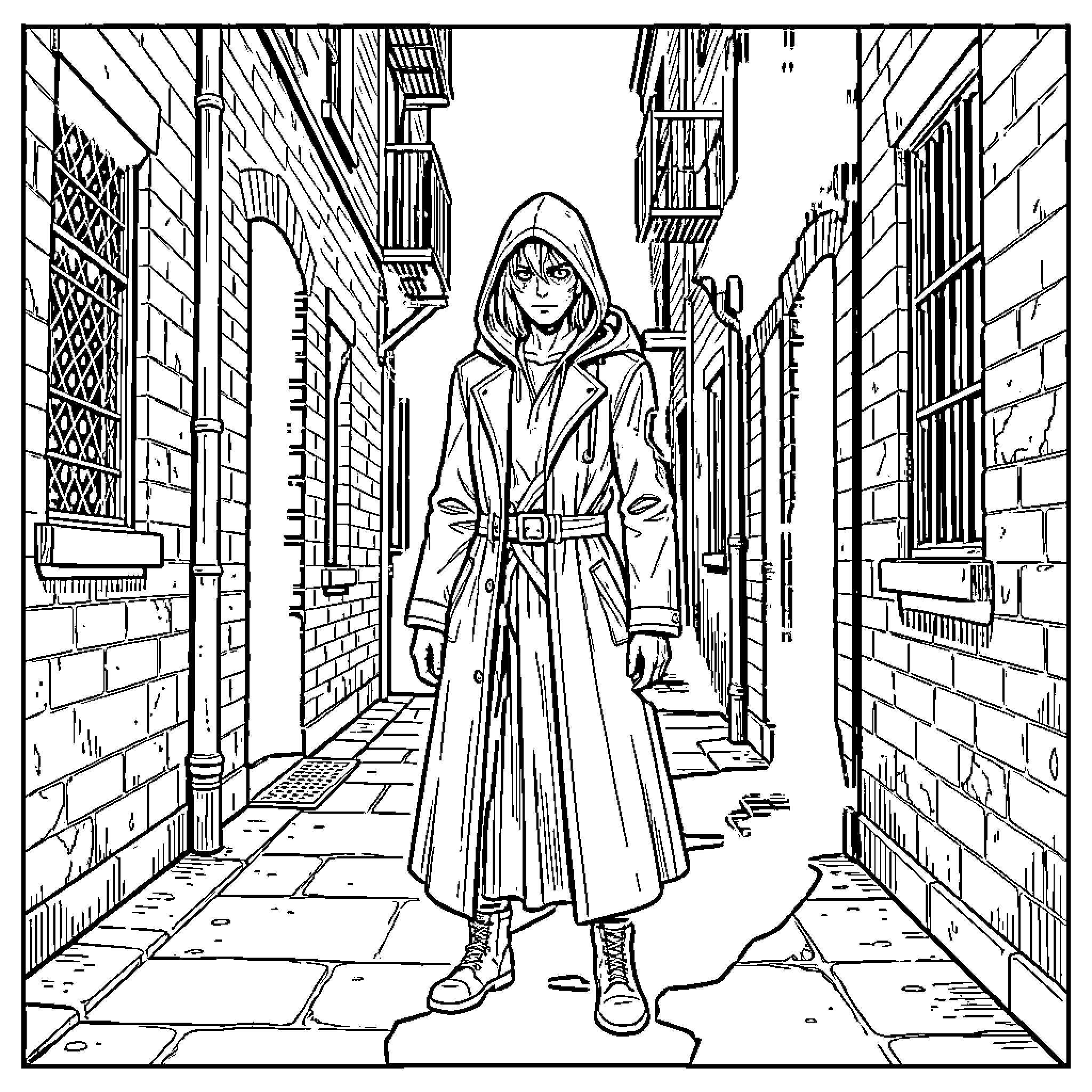 Lepd Mysterious Figure in Shadowy Alleyway Coloring Page (free black-and-white line drawing printable PDF for all, from beginners to advanced learners, including children, teens, adults, and seniors)