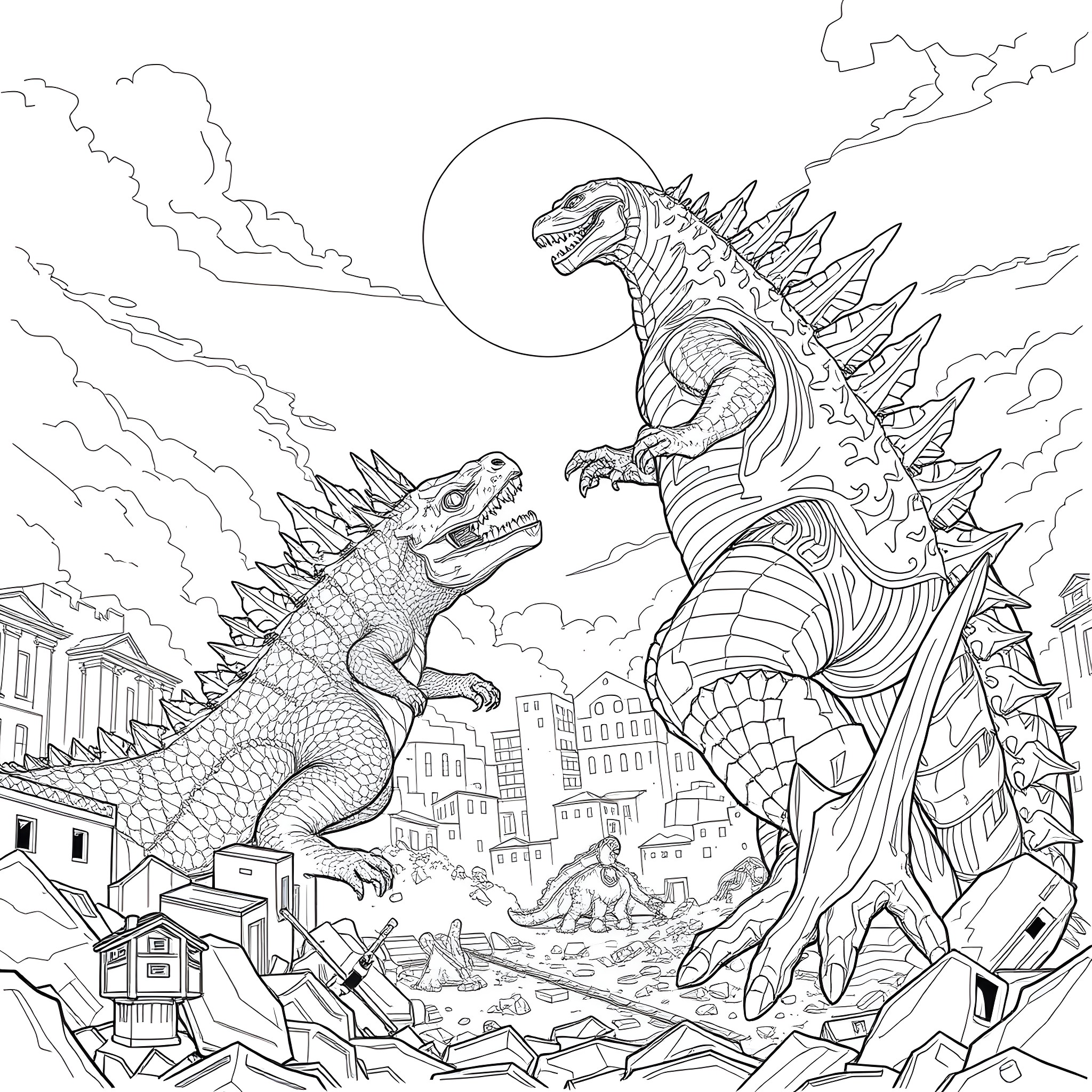 Godzilla vs. Kaiju Monsters Battling in the City Coloring Page (free black-and-white line drawing printable PDF for all, from beginners to advanced learners, including children, teens, adults, and seniors)