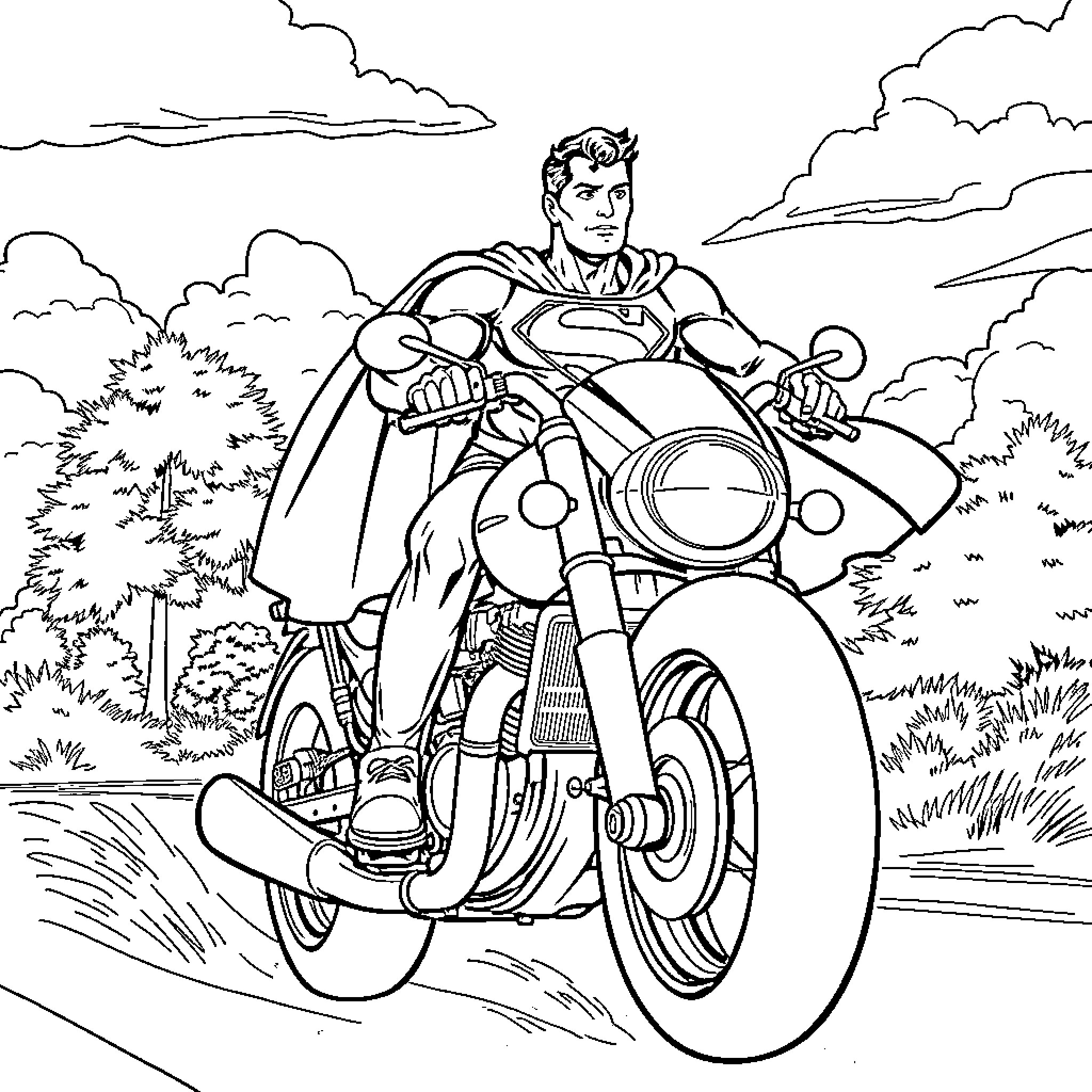 Superman riding a motorcycle through nature Coloring Page (free black-and-white line drawing printable PDF for all, from beginners to advanced learners, including children, teens, adults, and seniors)
