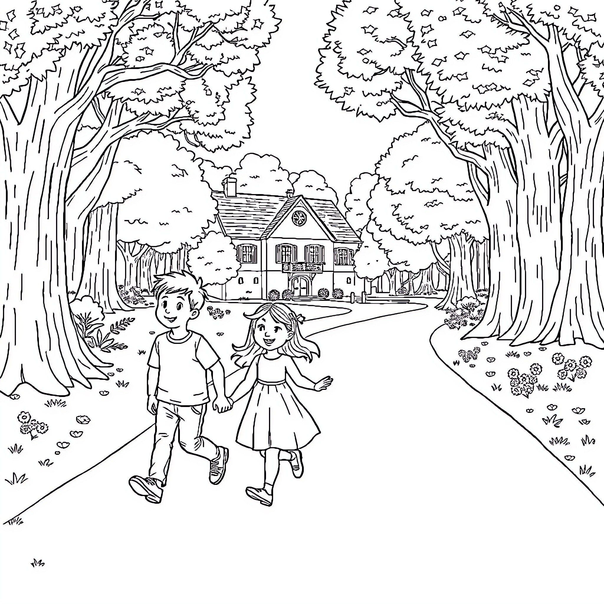 School Children Strolling Through Enchanted Forest Coloring Page (free black-and-white line drawing printable PDF for all, from beginners to advanced learners, including children, teens, adults, and seniors)
