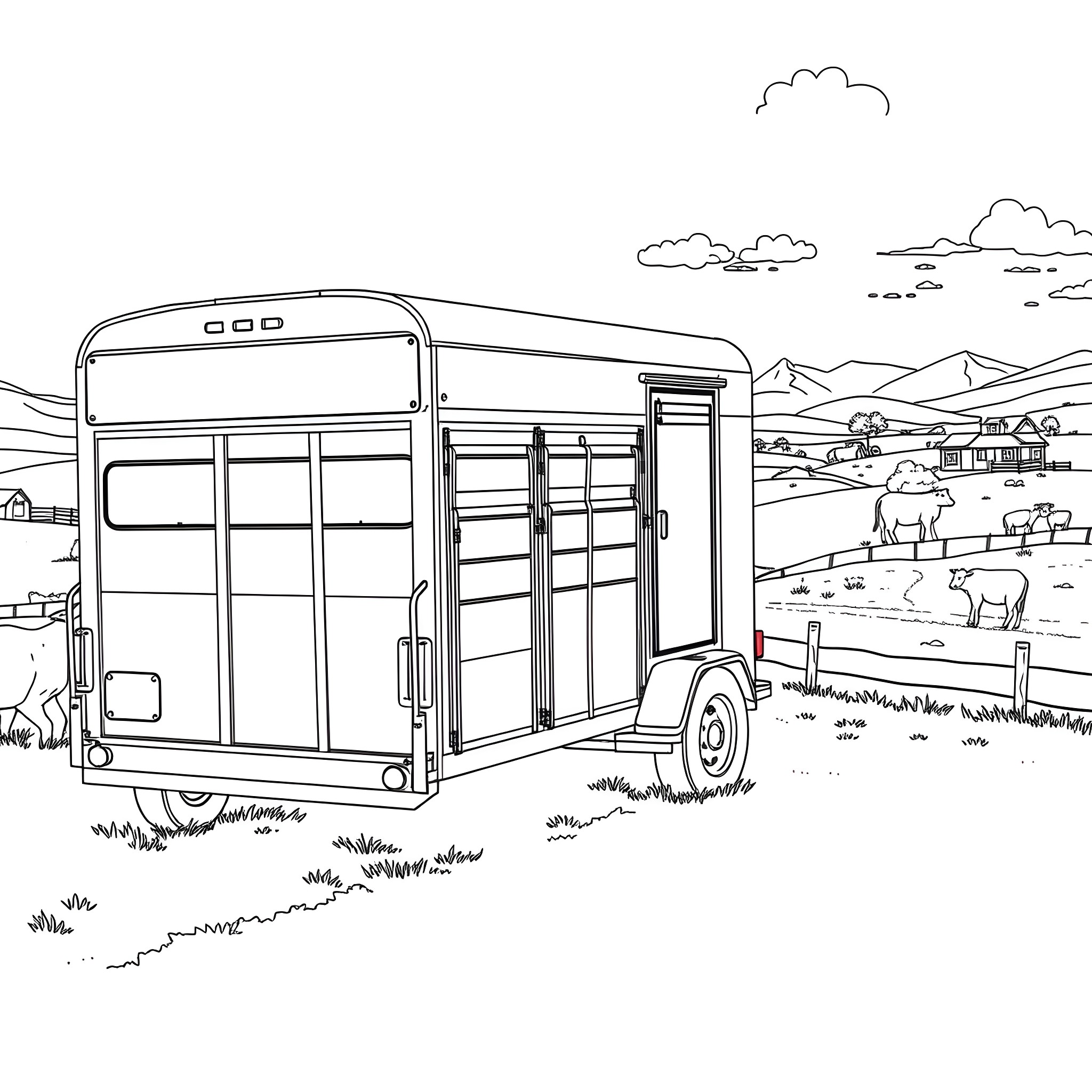 Livestock Trailer Transporting Animals in Scenic Countryside Coloring Page (free black-and-white line drawing printable PDF for all, from beginners to advanced learners, including children, teens, adults, and seniors)
