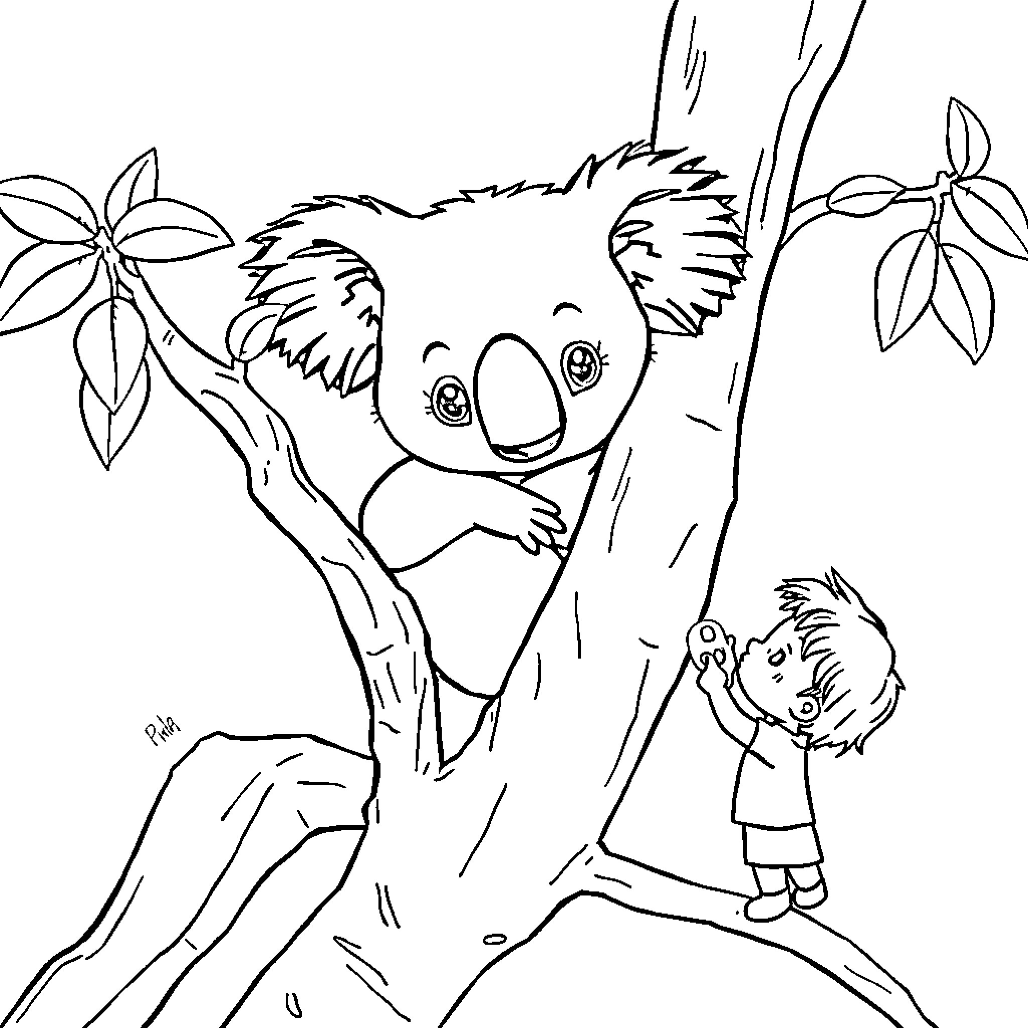 Koala relaxing in tree with child Coloring Page (free black-and-white line drawing printable PDF for all, from beginners to advanced learners, including children, teens, adults, and seniors)