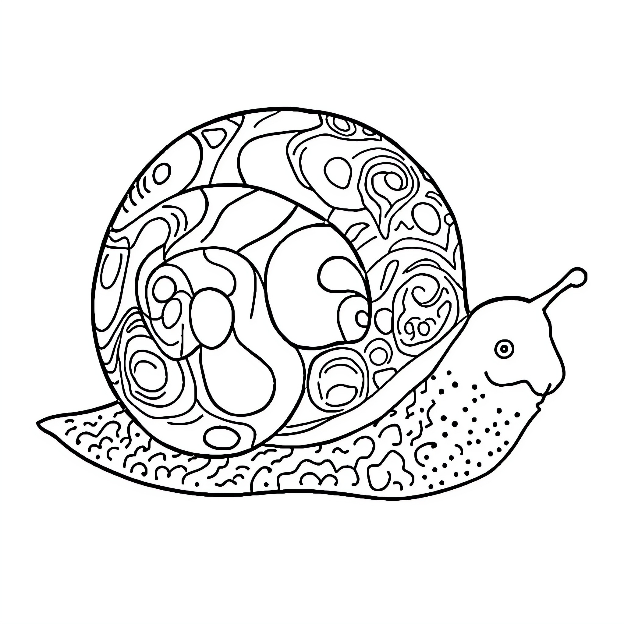 Snail exploring its intricate shell design Coloring Page (free black-and-white line drawing printable PDF for all, from beginners to advanced learners, including children, teens, adults, and seniors)