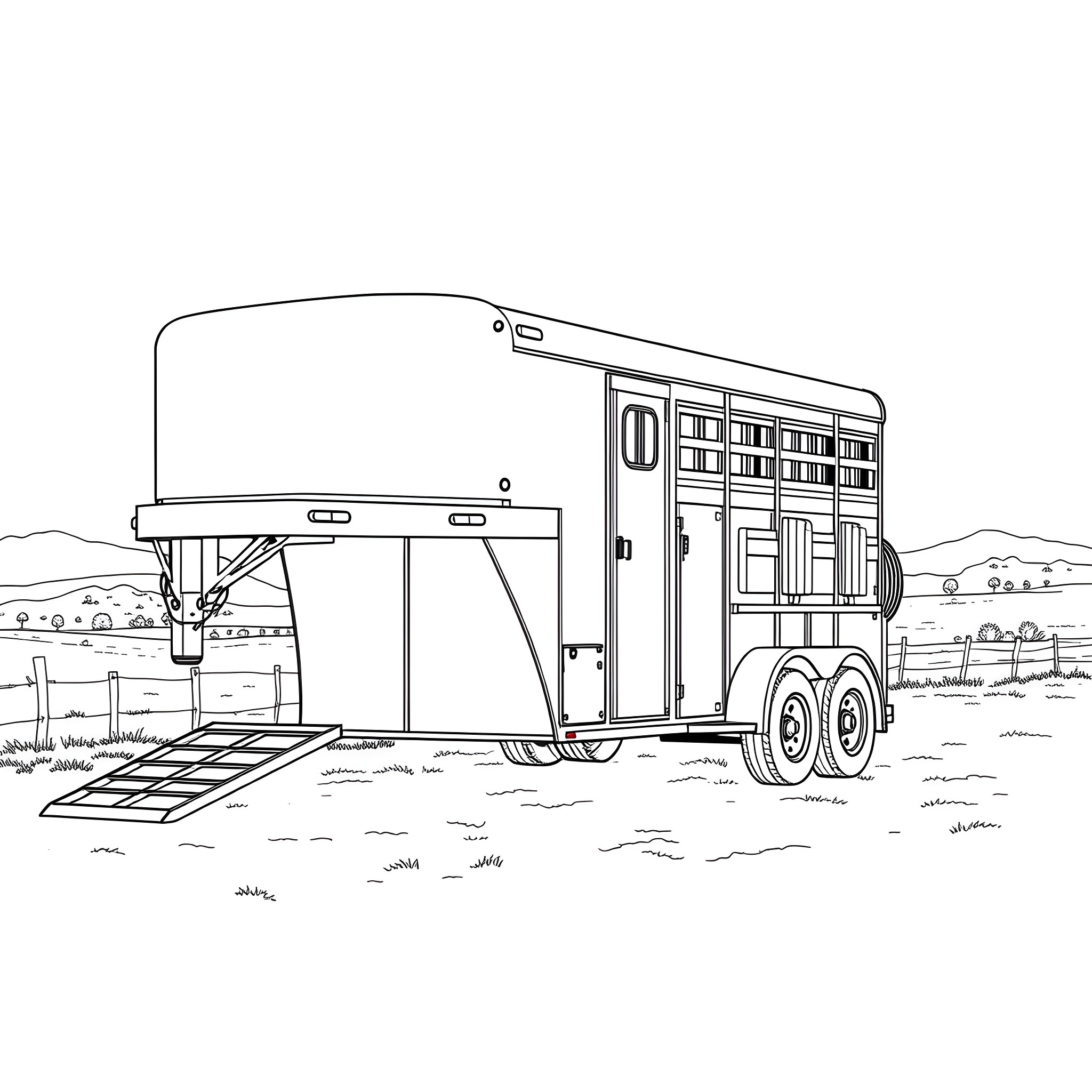 Gooseneck Trailer with Loading Ramp in Rural Landscape Coloring Page (free black-and-white line drawing printable PDF for all, from beginners to advanced learners, including children, teens, adults, and seniors)