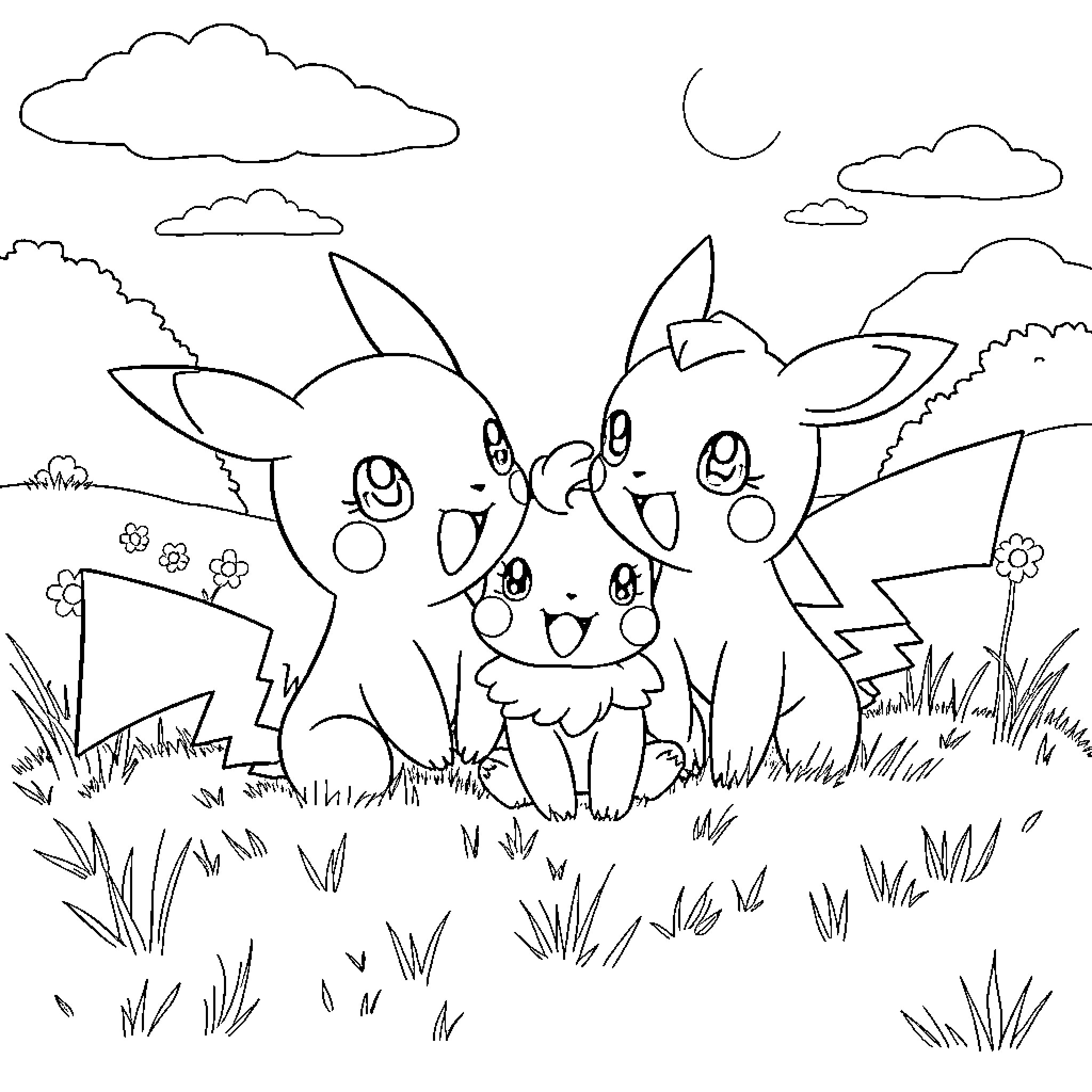 Pokémon characters playing happily in the meadow Coloring Page (free black-and-white line drawing printable PDF for all, from beginners to advanced learners, including children, teens, adults, and seniors)