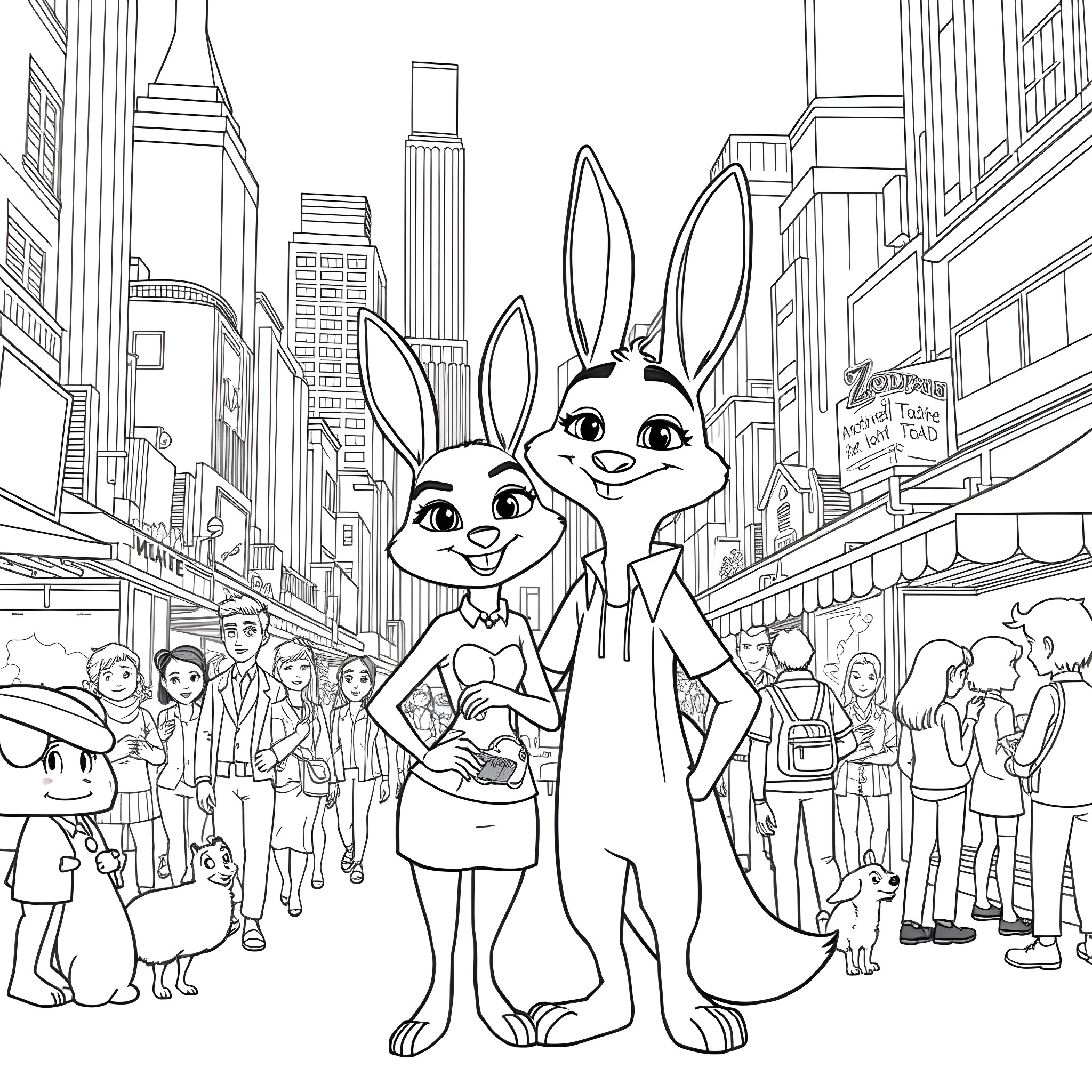 Judy Hopps and Nick Wilde exploring the city streets Coloring Page (free black-and-white line drawing printable PDF for all, from beginners to advanced learners, including children, teens, adults, and seniors)