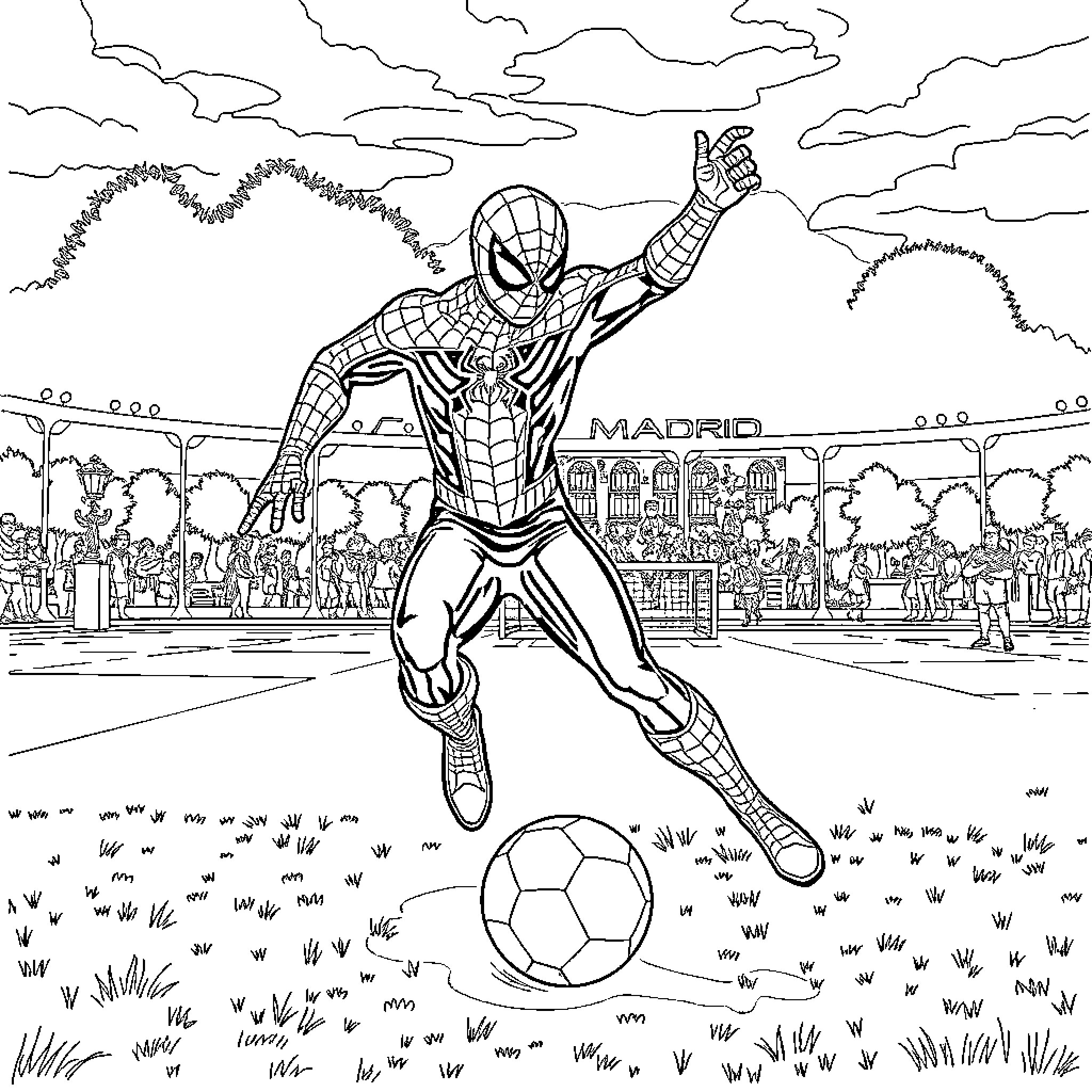 Spiderman playing soccer in the city Coloring Page (free black-and-white line drawing printable PDF for all, from beginners to advanced learners, including children, teens, adults, and seniors)