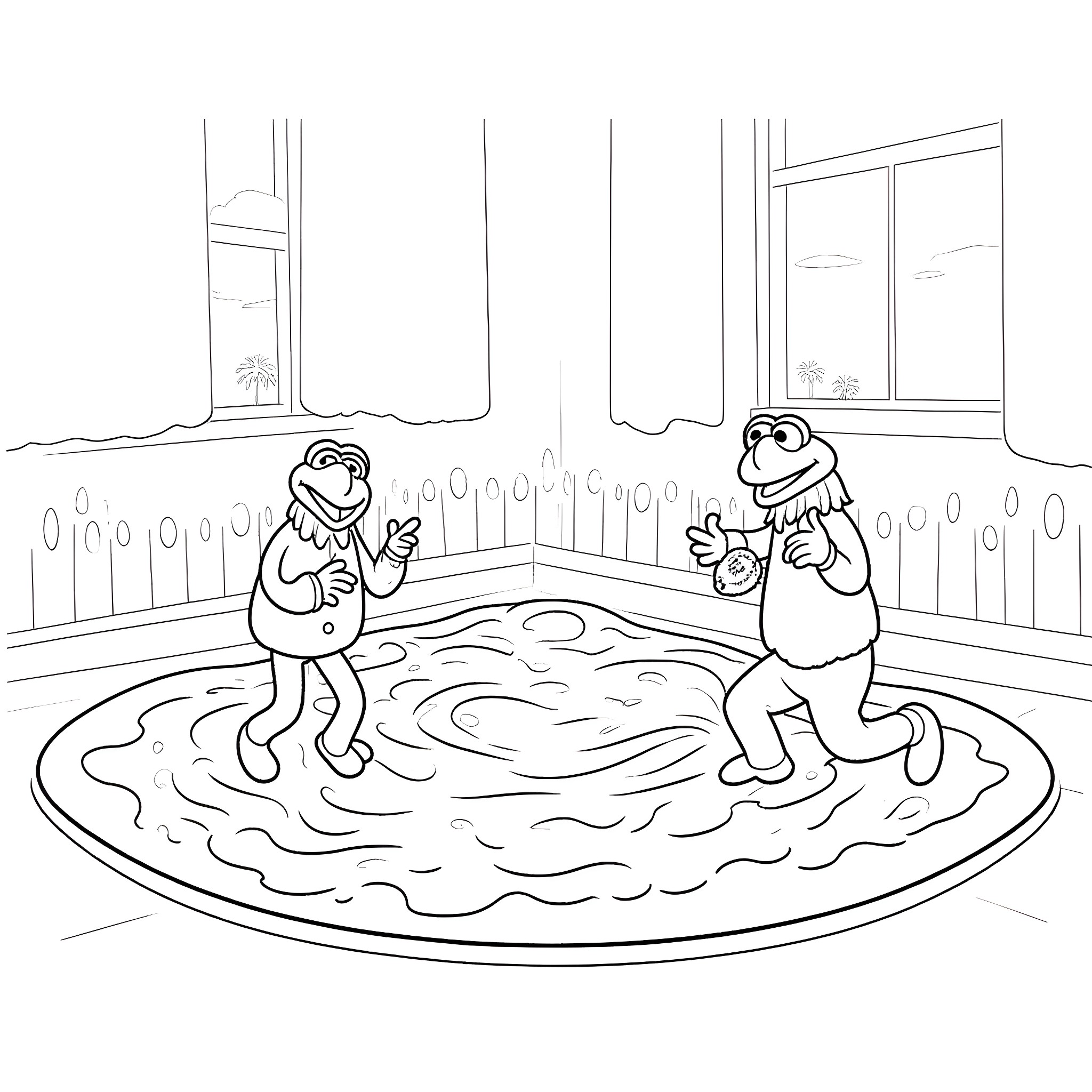 Muppet characters playing in a puddle Coloring Page (free black-and-white line drawing printable PDF for all, from beginners to advanced learners, including children, teens, adults, and seniors)