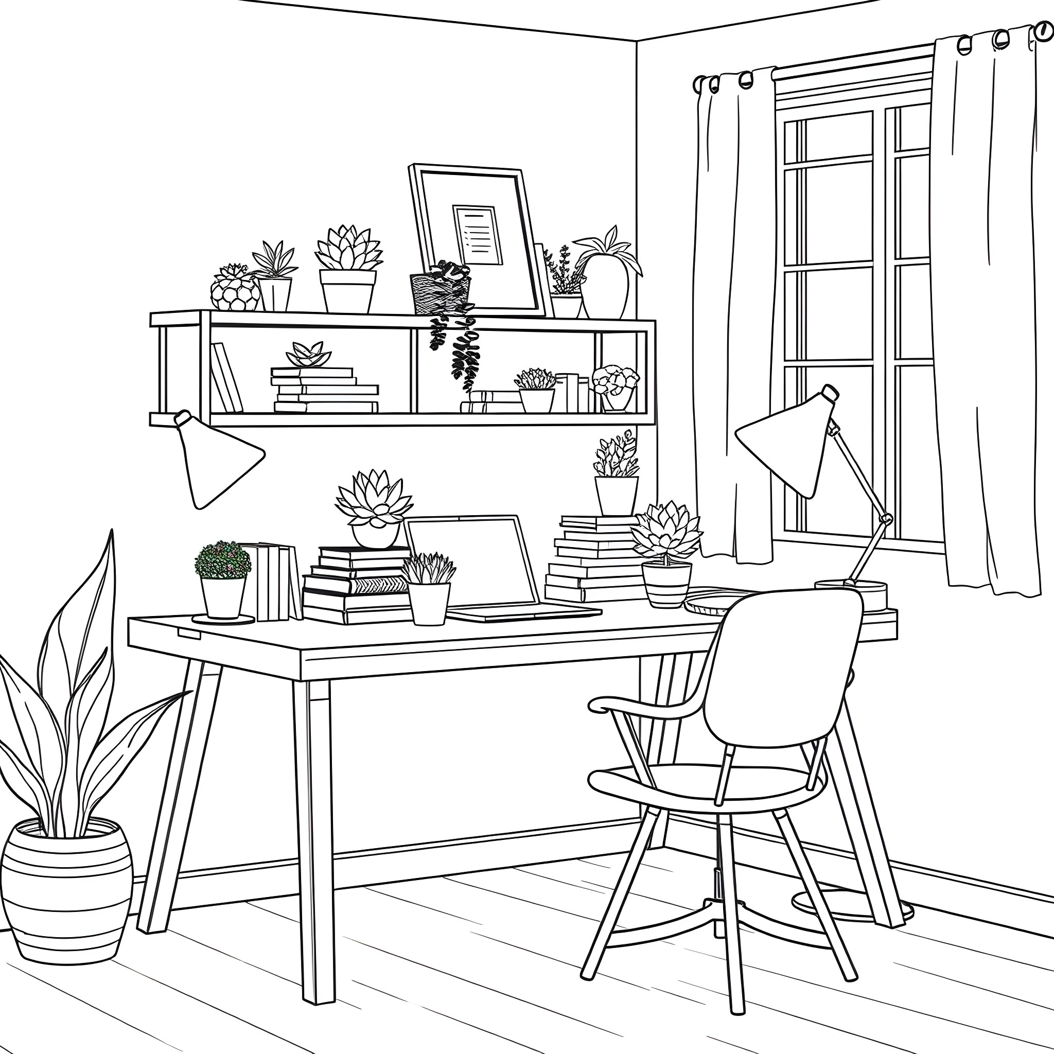Home Office with Cozy Workspace and Decorative Plants Coloring Page (free black-and-white line drawing printable PDF for all, from beginners to advanced learners, including children, teens, adults, and seniors)
