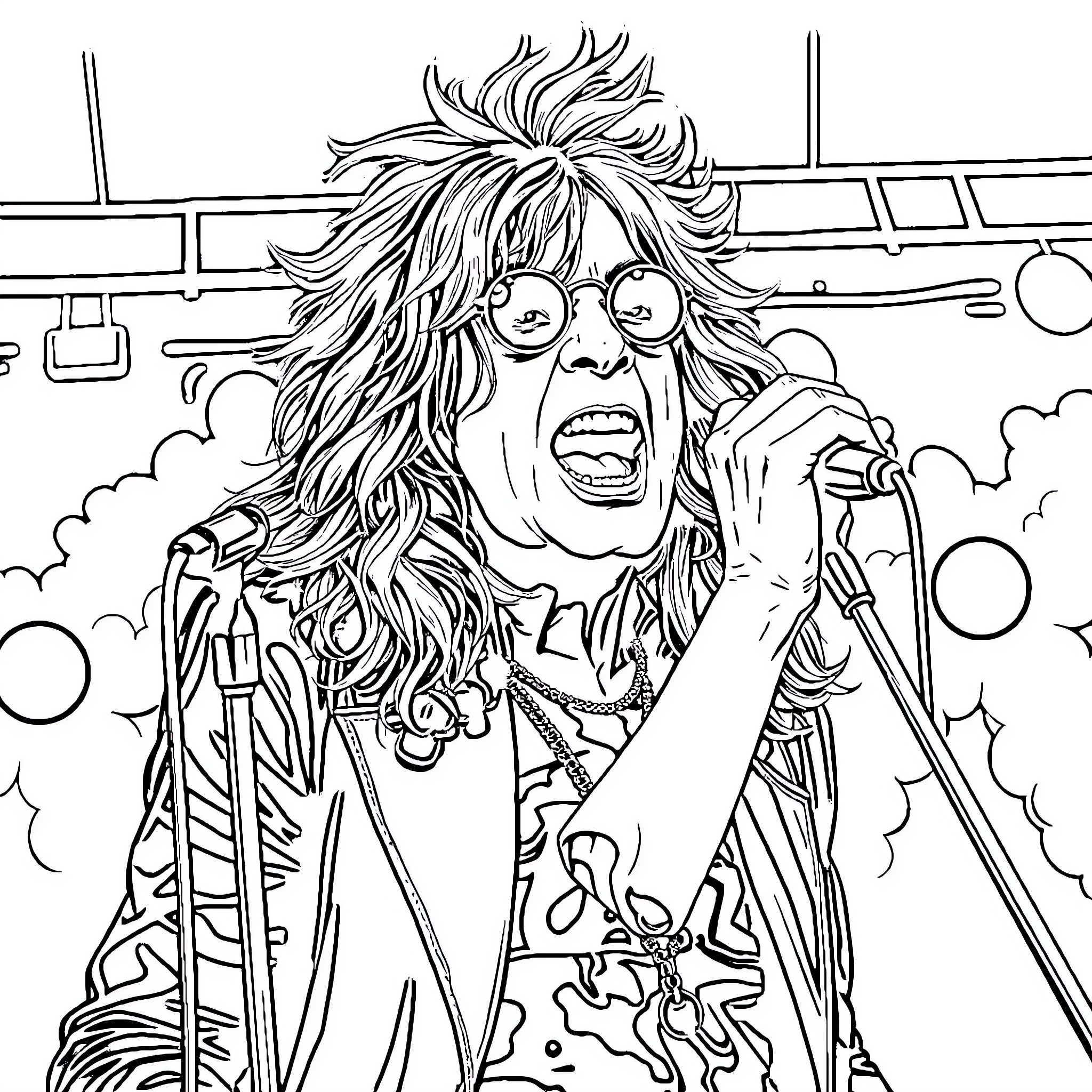 Ozzy's Energetic Rock Star Performance Coloring Page (free black-and-white line drawing printable PDF for all, from beginners to advanced learners, including children, teens, adults, and seniors)