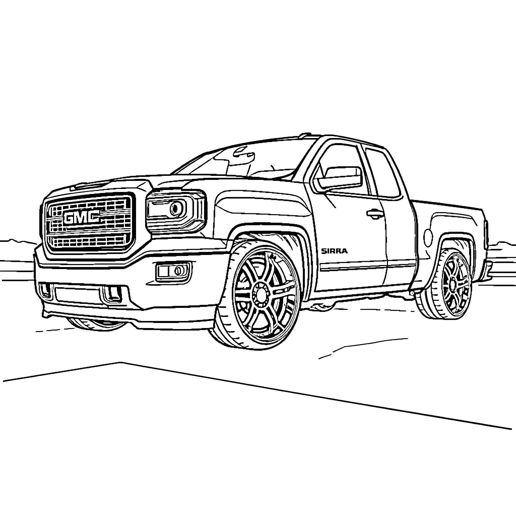 Sierra Pickup Truck on the Road Coloring Page (free black-and-white line drawing printable PDF for all, from beginners to advanced learners, including children, teens, adults, and seniors)