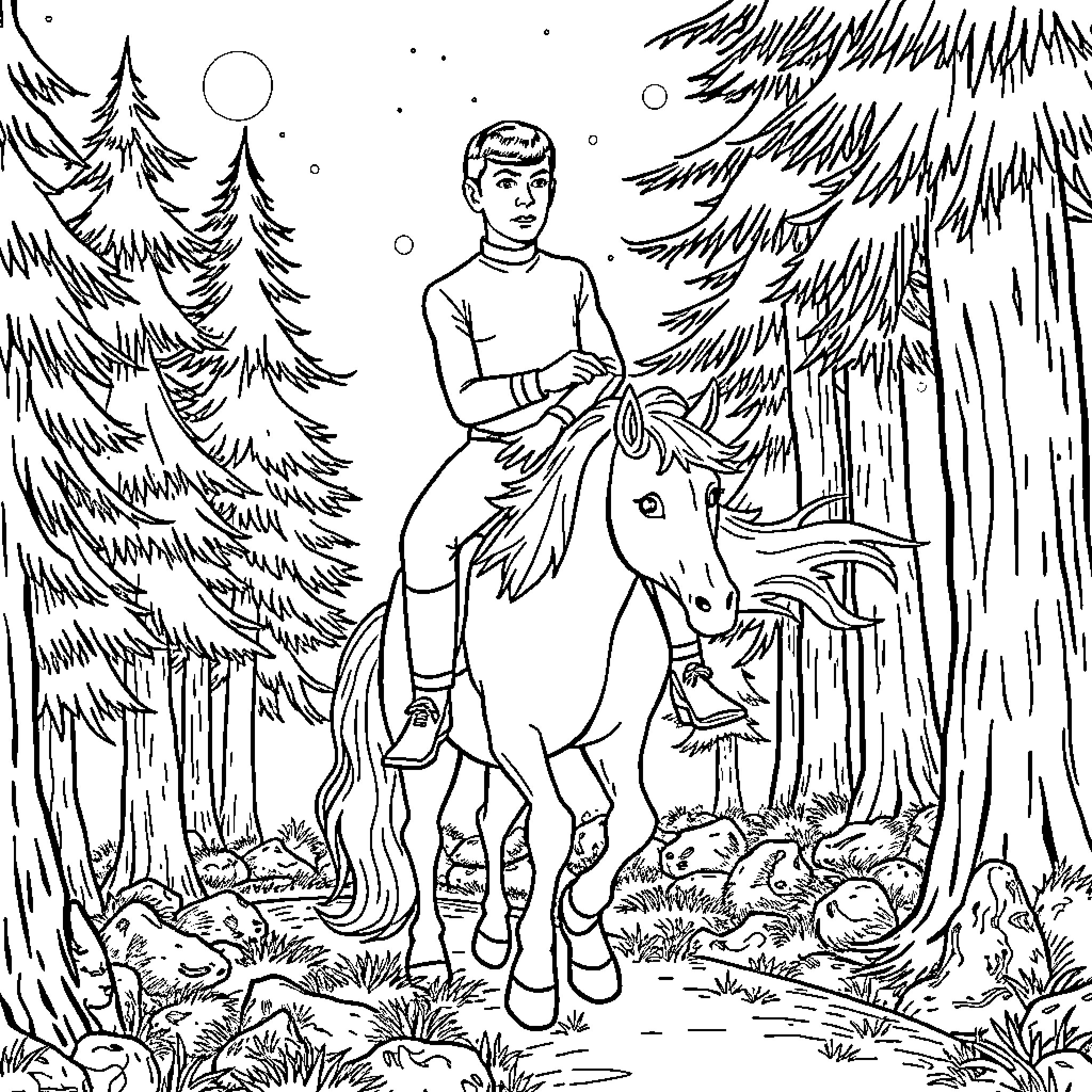 Spock riding unicorn in snowy forest Coloring Page (free black-and-white line drawing printable PDF for all, from beginners to advanced learners, including children, teens, adults, and seniors)