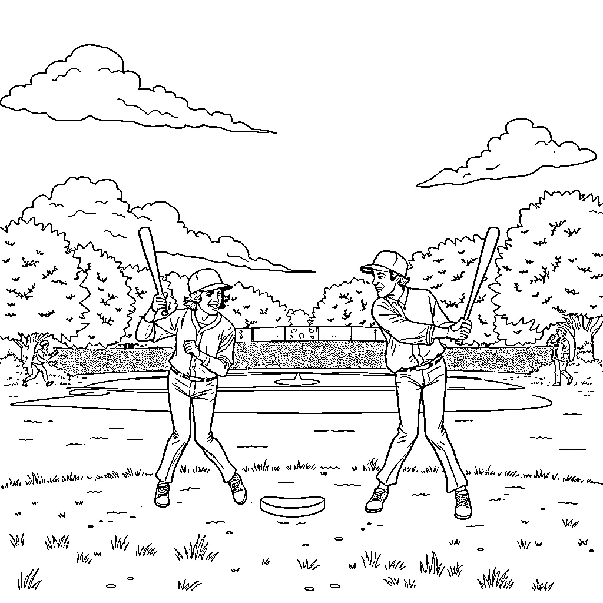 Beatles in a baseball game on a sunny day Coloring Page (free black-and-white line drawing printable PDF for all, from beginners to advanced learners, including children, teens, adults, and seniors)
