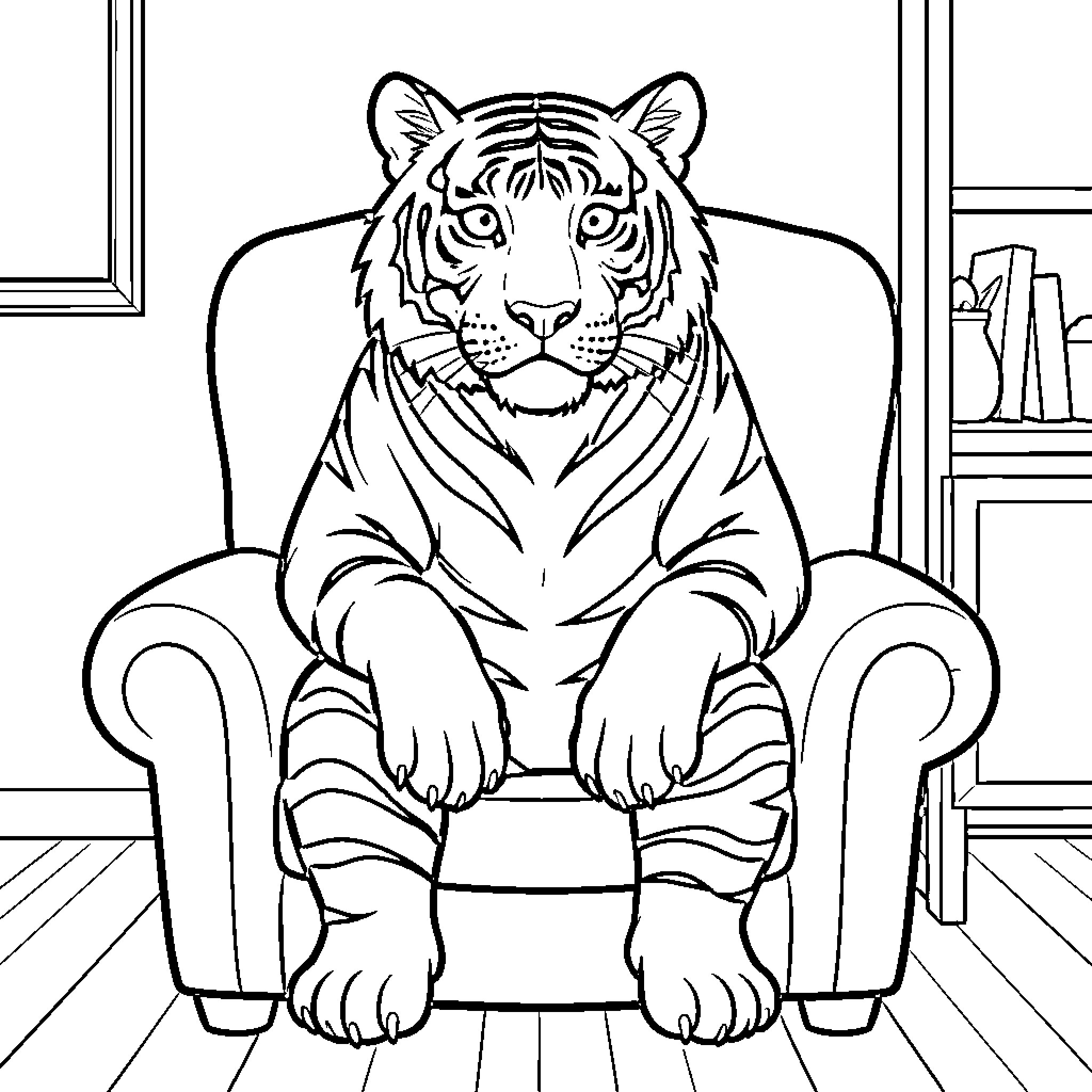 Tigre sitting comfortably on an armchair Coloring Page (free black-and-white line drawing printable PDF for all, from beginners to advanced learners, including children, teens, adults, and seniors)