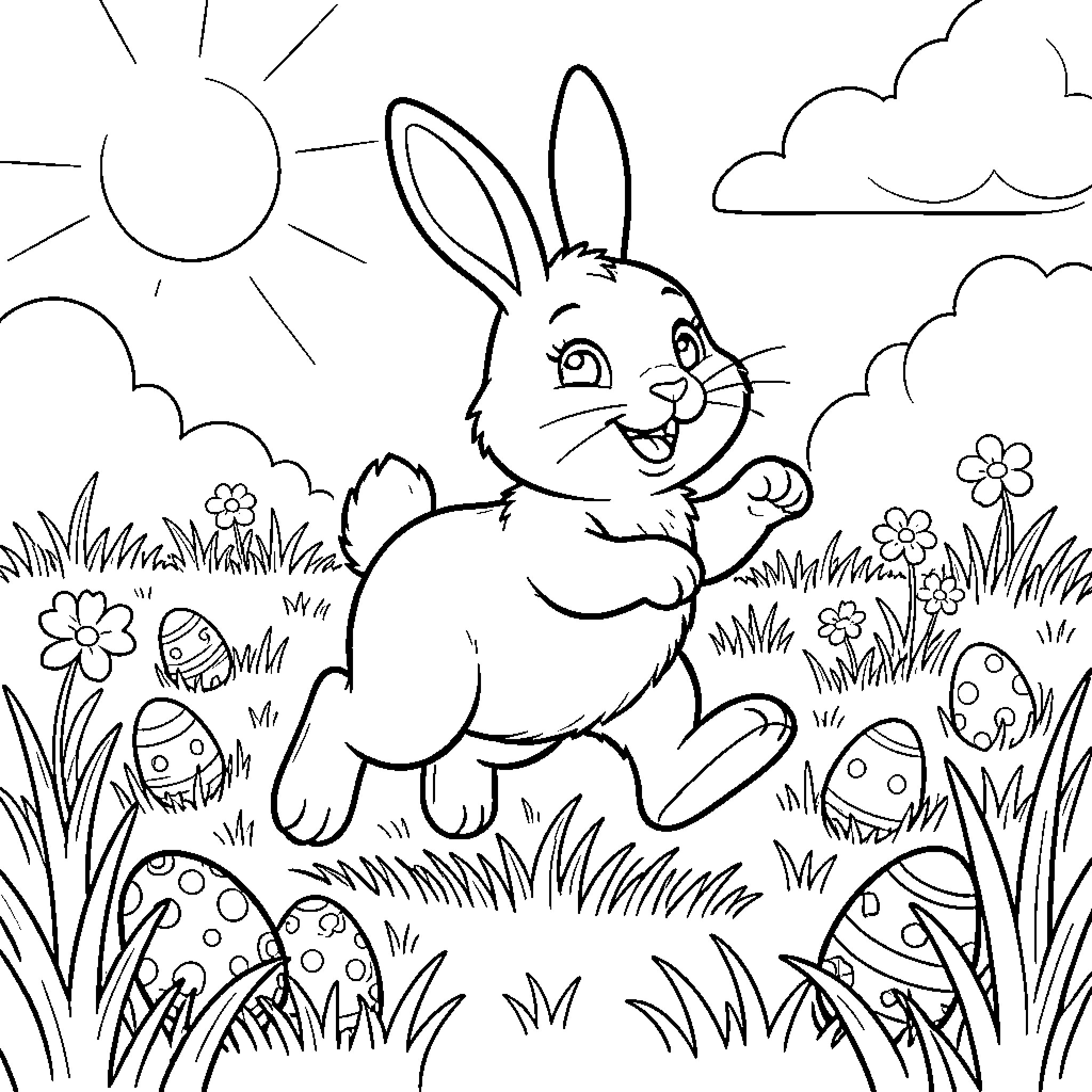 Easter Bunny hopping happily in the meadow Coloring Page (free black-and-white line drawing printable PDF for all, from beginners to advanced learners, including children, teens, adults, and seniors)