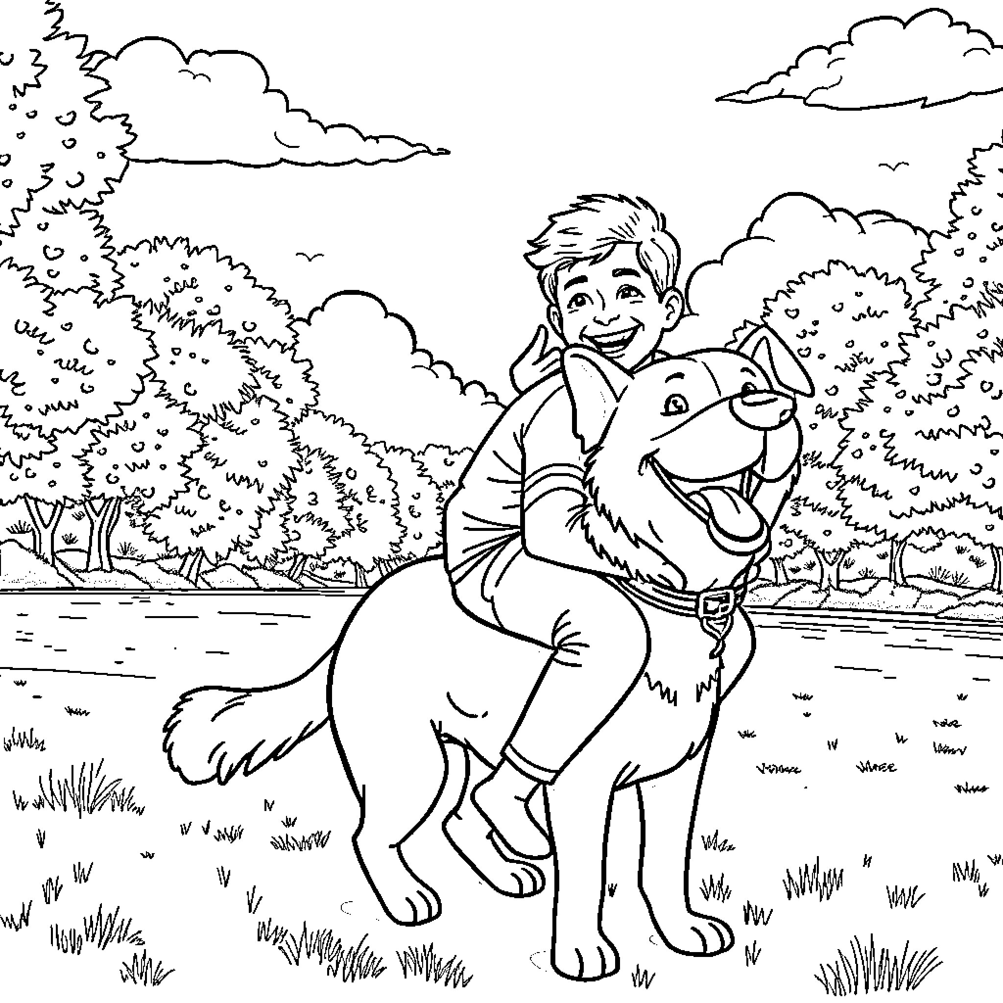 Dog riding happily on a large animal companion Coloring Page (free black-and-white line drawing printable PDF for all, from beginners to advanced learners, including children, teens, adults, and seniors)