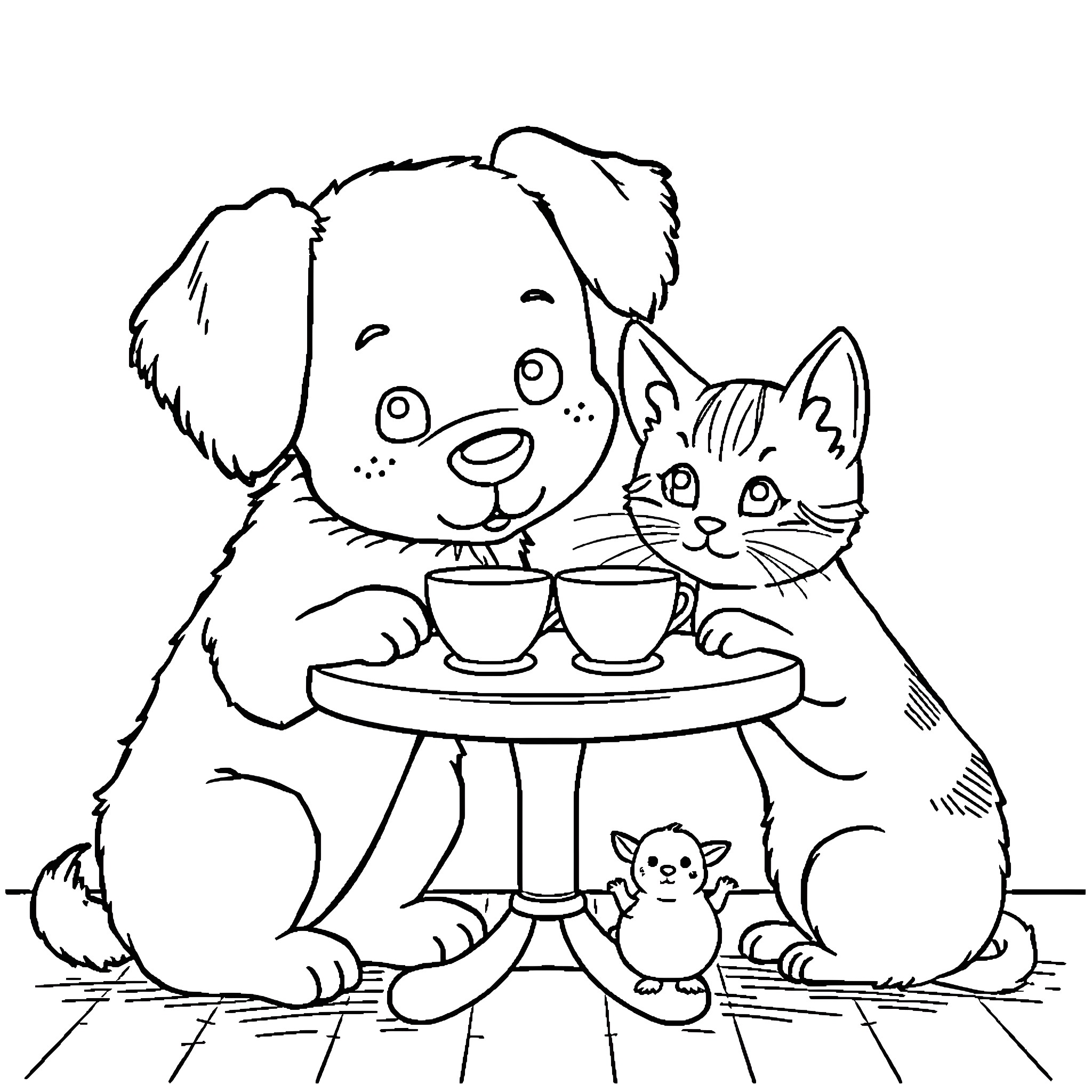 Dog and Cat Enjoying Tea Time Together Coloring Page (free black-and-white line drawing printable PDF for all, from beginners to advanced learners, including children, teens, adults, and seniors)