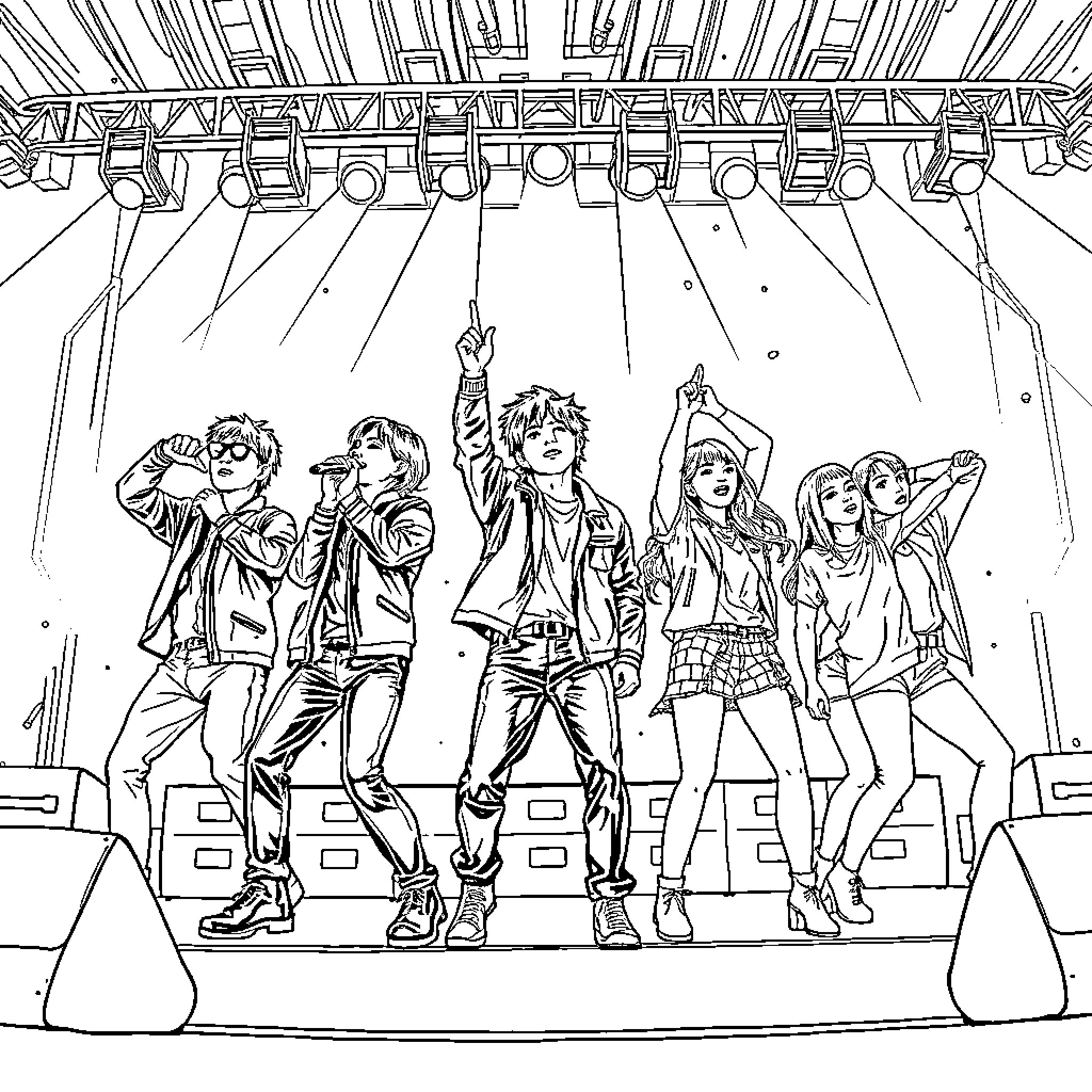 K Pop Group Performing Energetic Dance on Stage Coloring Page (free black-and-white line drawing printable PDF for all, from beginners to advanced learners, including children, teens, adults, and seniors)