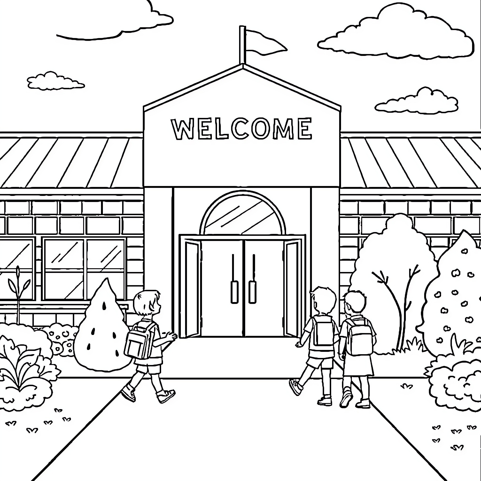 School Students Entering Welcome Building Coloring Page (free black-and-white line drawing printable PDF for all, from beginners to advanced learners, including children, teens, adults, and seniors)