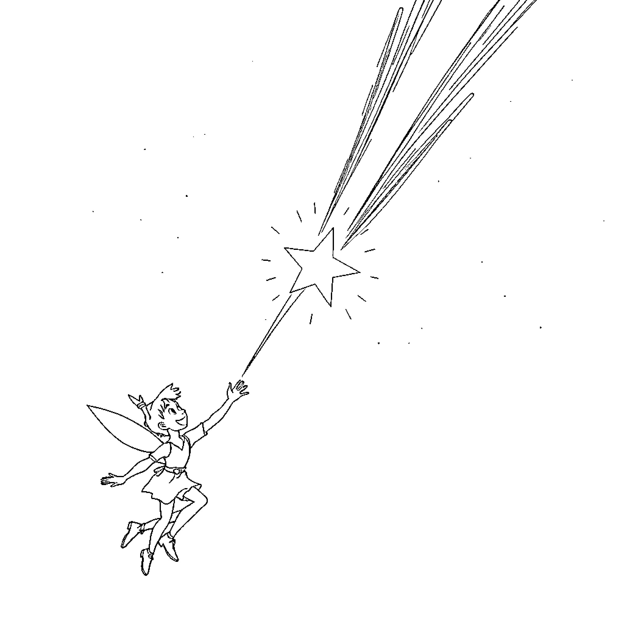Shooting Star Fairy Soaring Upward Coloring Page (free black-and-white line drawing printable PDF for all, from beginners to advanced learners, including children, teens, adults, and seniors)