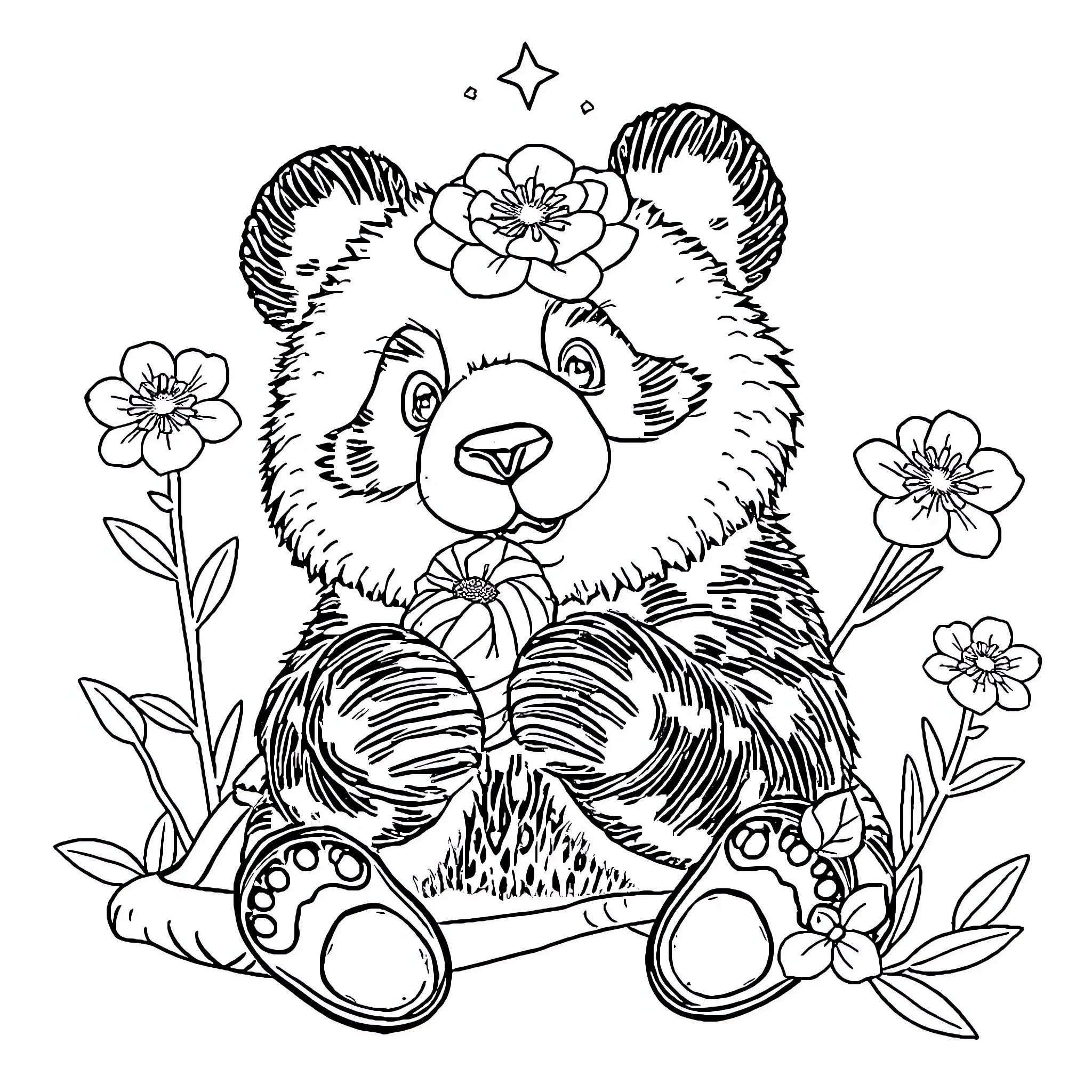 Panda surrounded by blooming flowers Coloring Page (free black-and-white line drawing printable PDF for all, from beginners to advanced learners, including children, teens, adults, and seniors)