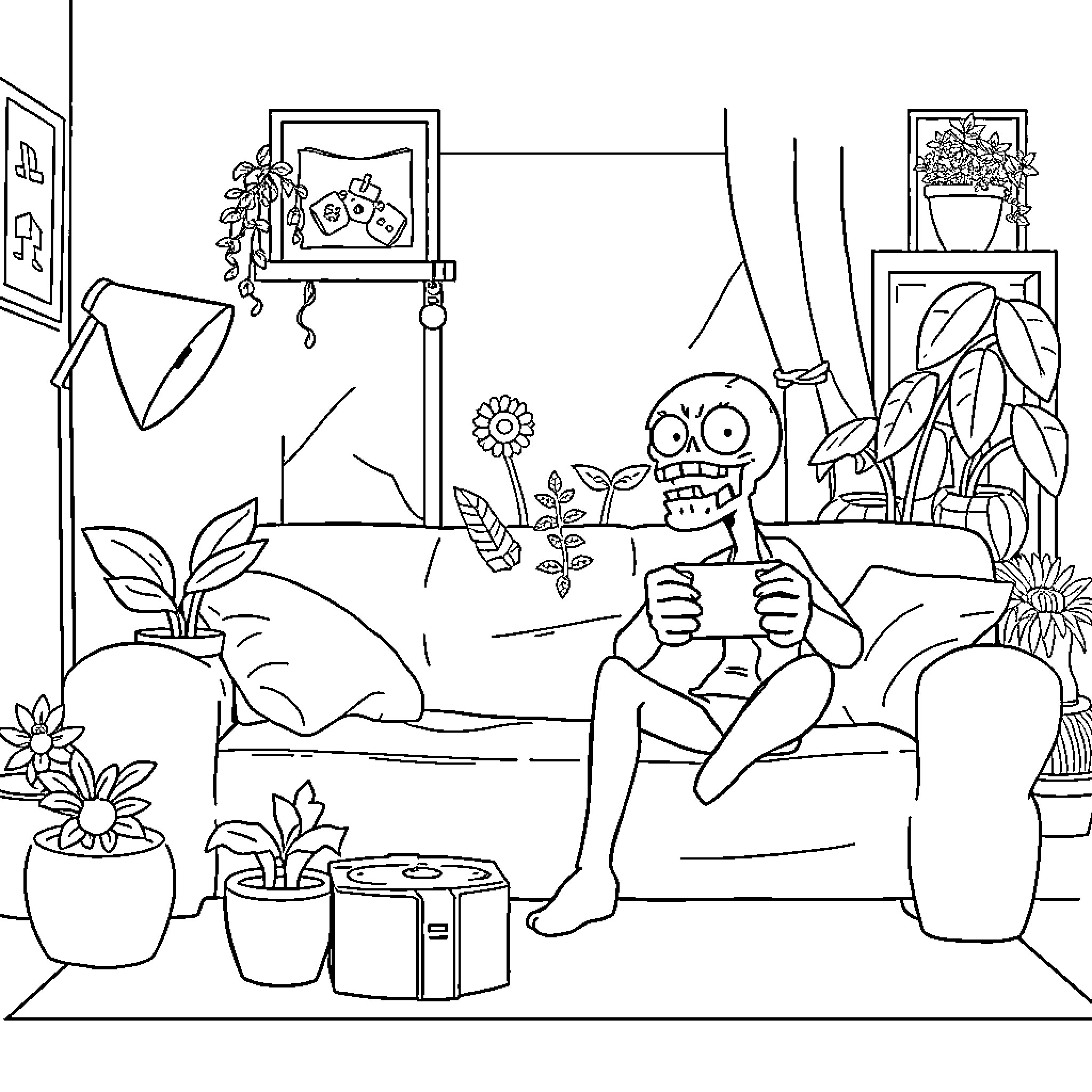 Plant-filled room with a playful character on a couch Coloring Page (free black-and-white line drawing printable PDF for all, from beginners to advanced learners, including children, teens, adults, and seniors)