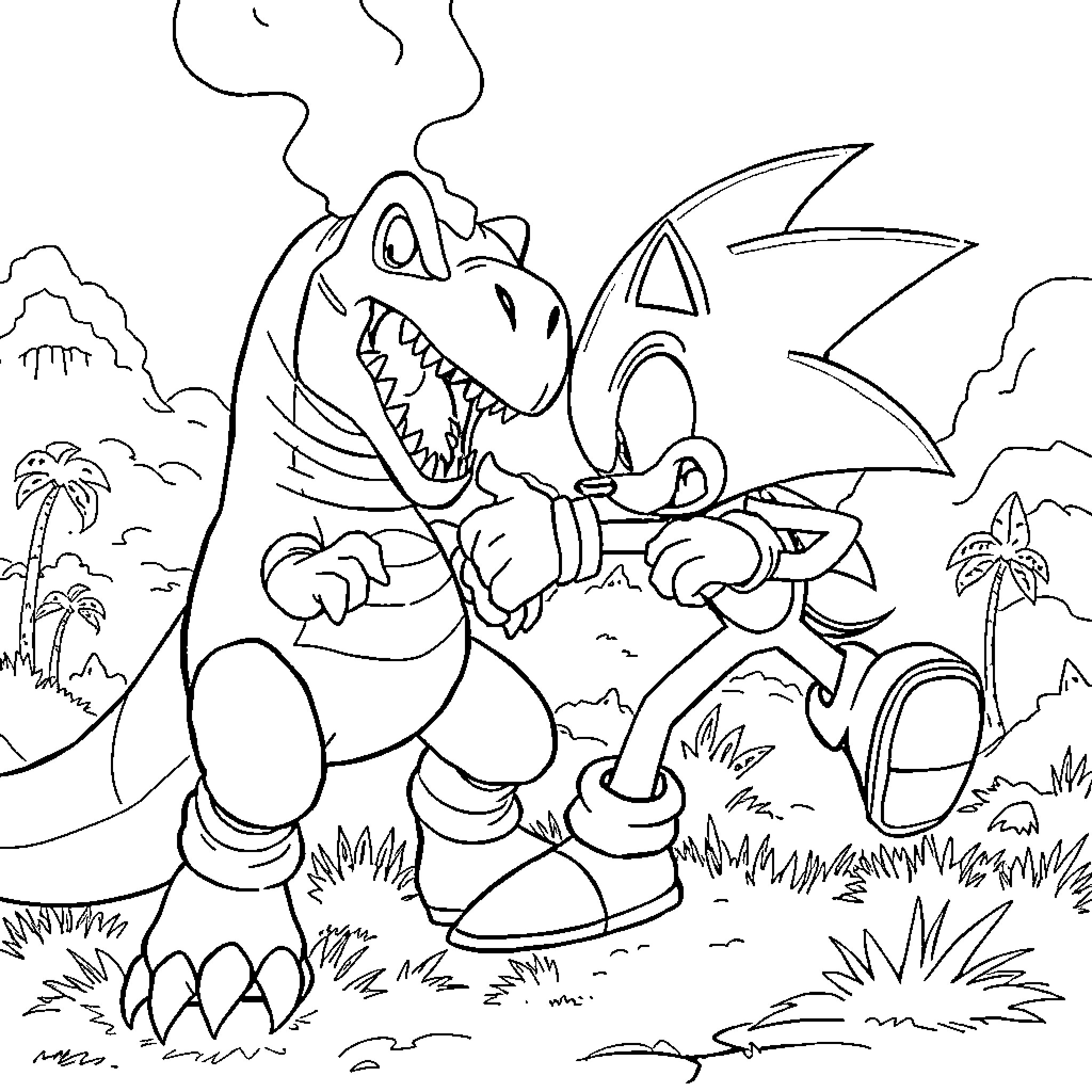 Sonic the Hedgehog racing against a dinosaur creature Coloring Page (free black-and-white line drawing printable PDF for all, from beginners to advanced learners, including children, teens, adults, and seniors)