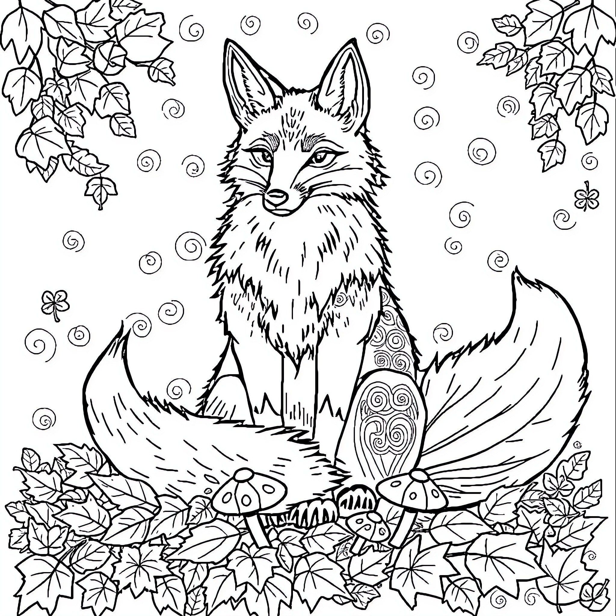 Fox Sitting Amidst Autumn Leaves and Flowers Coloring Page (free black-and-white line drawing printable PDF for all, from beginners to advanced learners, including children, teens, adults, and seniors)