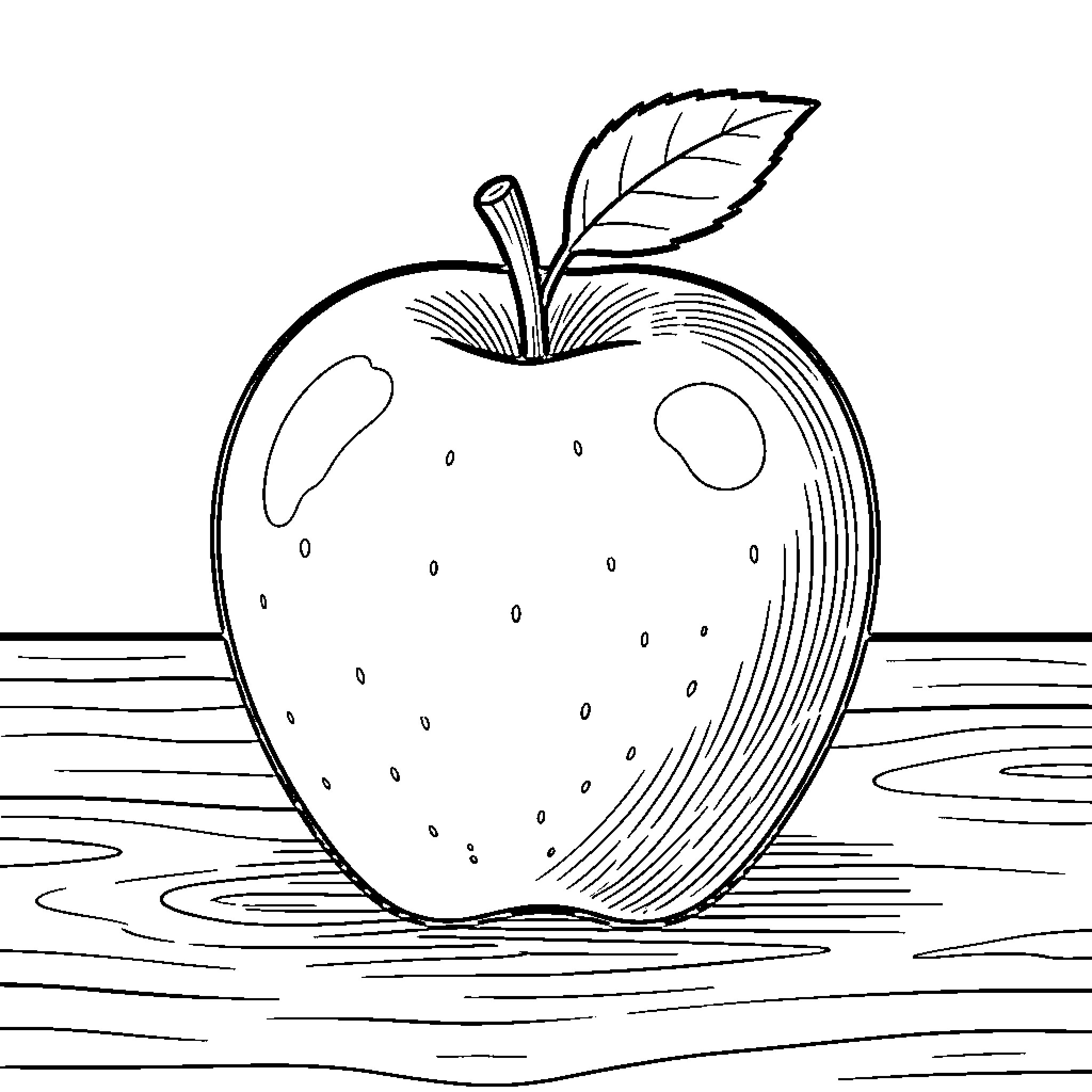 Apple sitting on a wooden surface Coloring Page (free black-and-white line drawing printable PDF for all, from beginners to advanced learners, including children, teens, adults, and seniors)