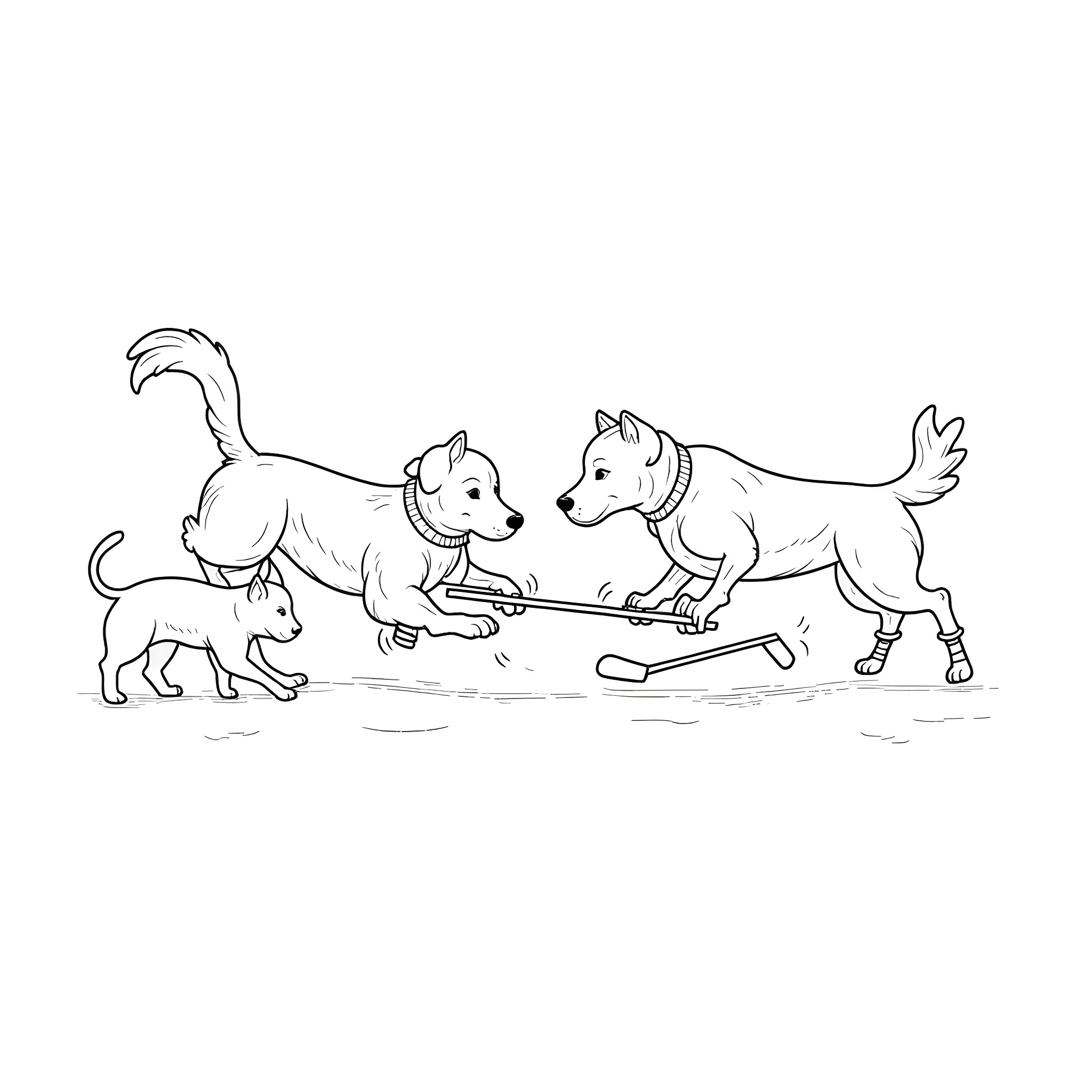 Dogs playing with toys on the ground Coloring Page (free black-and-white line drawing printable PDF for all, from beginners to advanced learners, including children, teens, adults, and seniors)