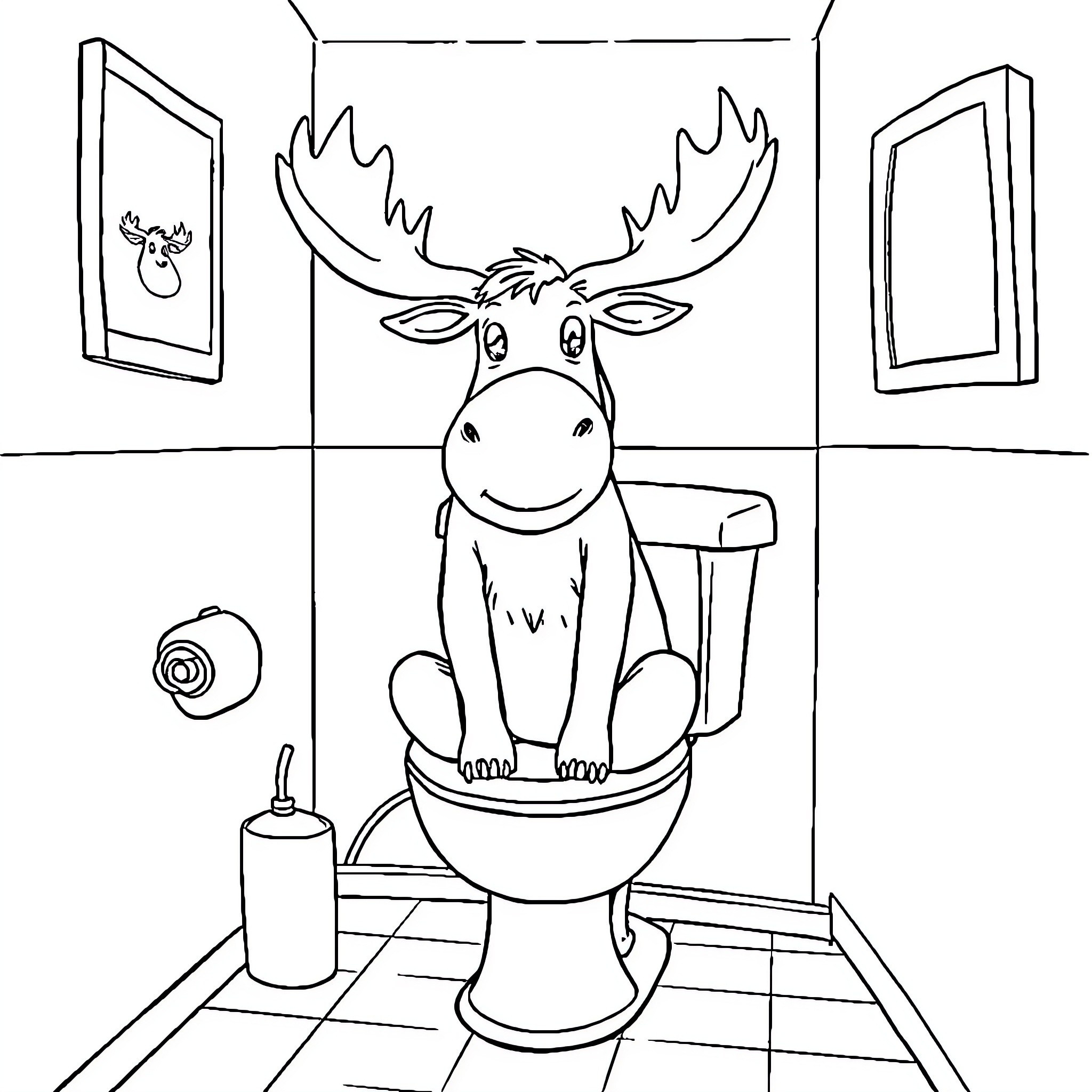 Moose sitting on the toilet Coloring Page (free black-and-white line drawing printable PDF for all, from beginners to advanced learners, including children, teens, adults, and seniors)