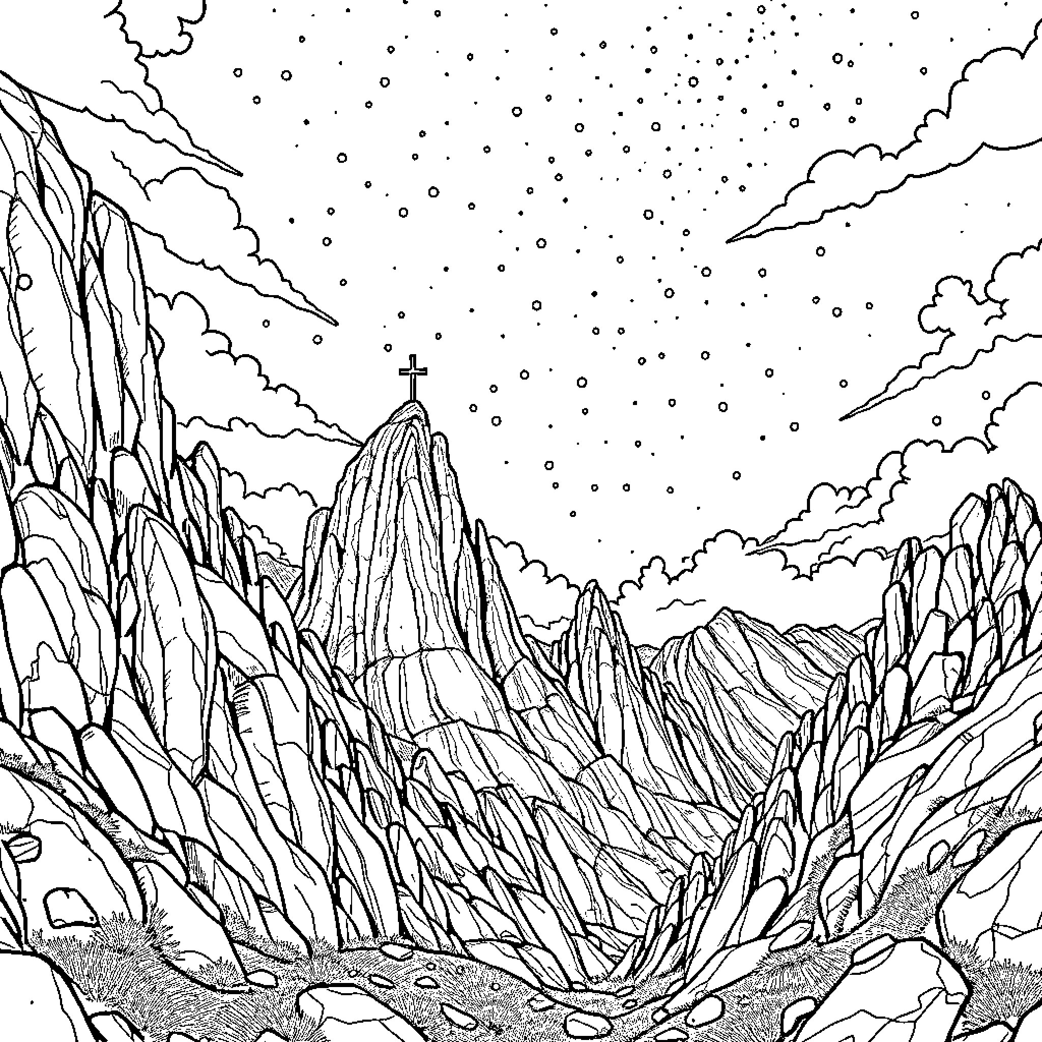 Mine Majestic Mountain Landscape Coloring Page (free black-and-white line drawing printable PDF for all, from beginners to advanced learners, including children, teens, adults, and seniors)