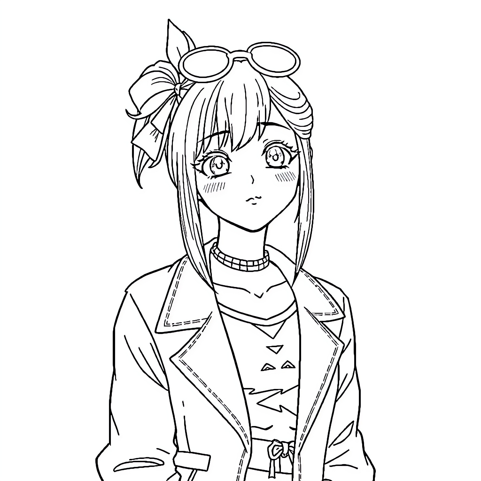 Nezuko in a casual outfit with a bow Coloring Page (free black-and-white line drawing printable PDF for all, from beginners to advanced learners, including children, teens, adults, and seniors)