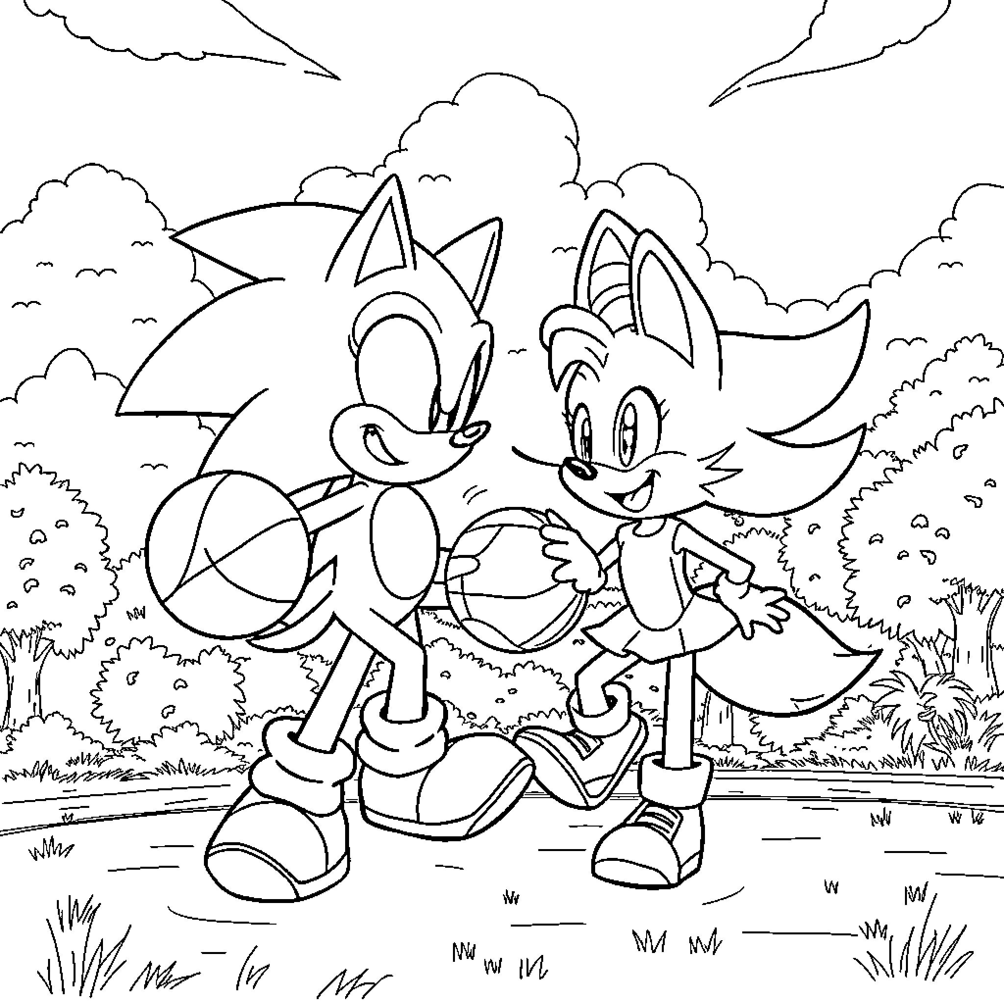Sonic and Friends in Playful Adventure Coloring Page (free black-and-white line drawing printable PDF for all, from beginners to advanced learners, including children, teens, adults, and seniors)