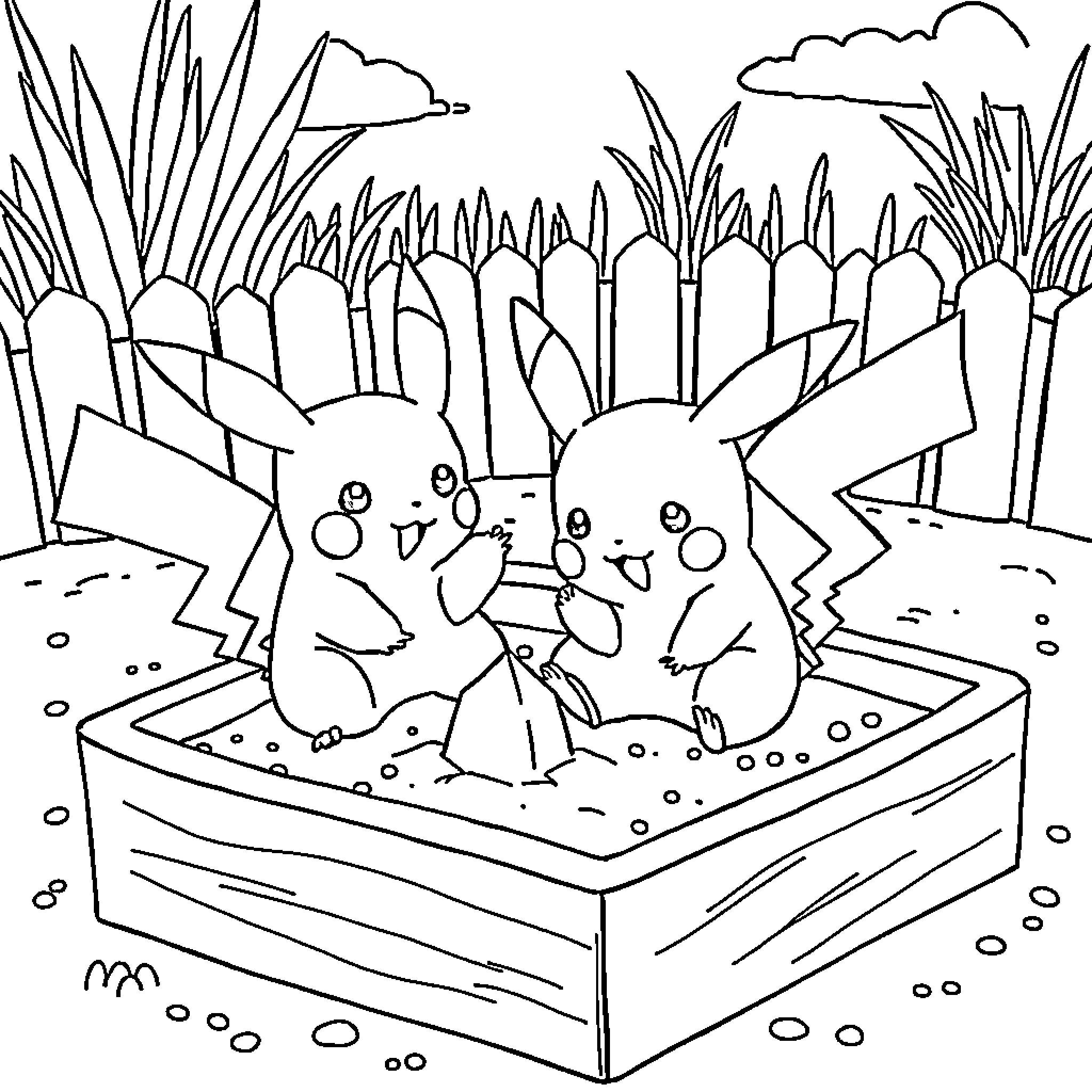 Pikachu playing happily in a field Coloring Page (free black-and-white line drawing printable PDF for all, from beginners to advanced learners, including children, teens, adults, and seniors)