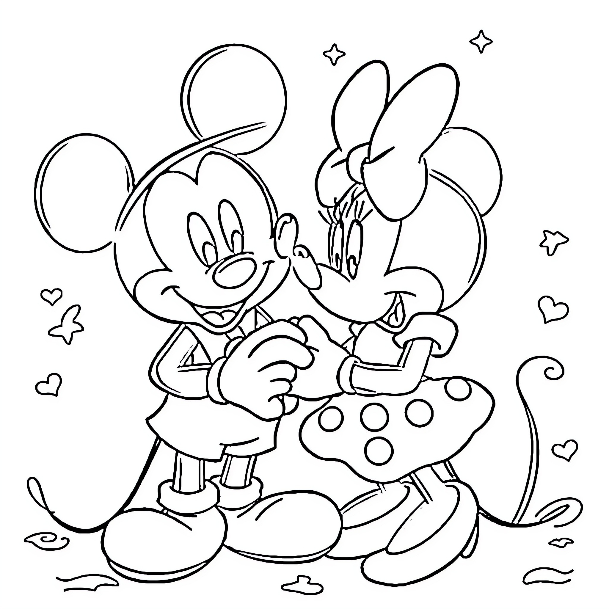 Mickey and Minnie's Joyful Embrace Coloring Page (free black-and-white line drawing printable PDF for all, from beginners to advanced learners, including children, teens, adults, and seniors)