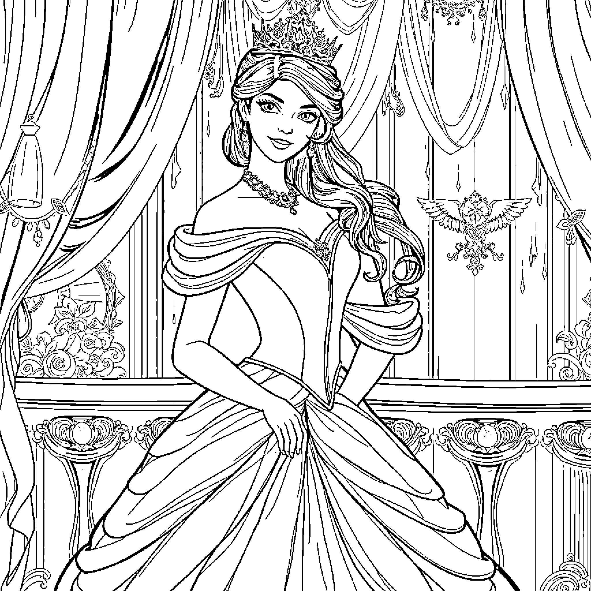Princess in Elegant Ball Gown and Crown Coloring Page (free black-and-white line drawing printable PDF for all, from beginners to advanced learners, including children, teens, adults, and seniors)
