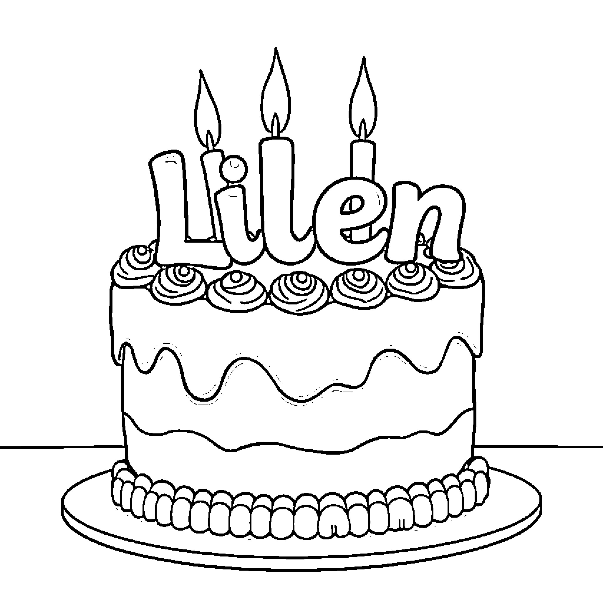 Birthday Cake with Name Litten Coloring Page (free black-and-white line drawing printable PDF for all, from beginners to advanced learners, including children, teens, adults, and seniors)